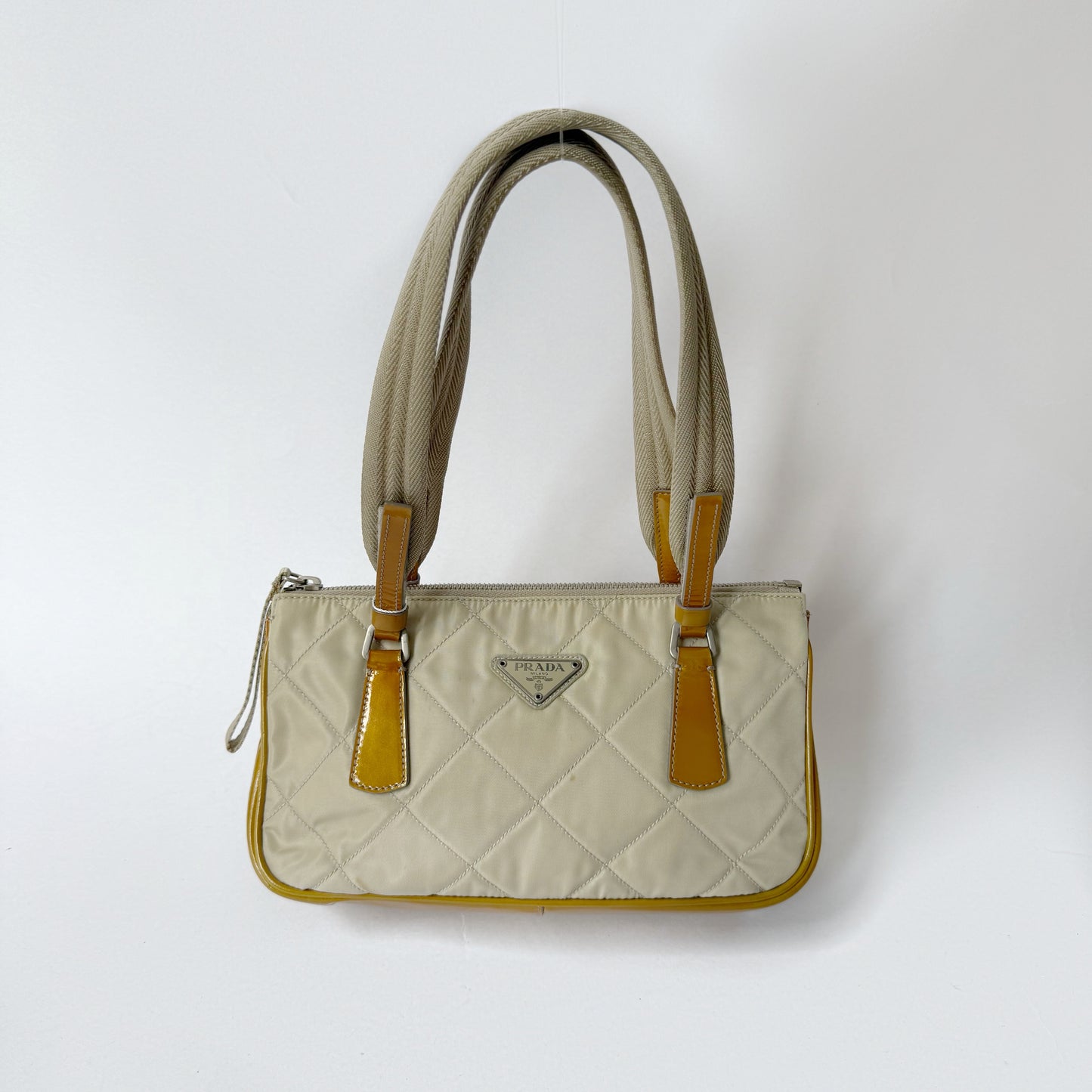 Prada Beige Quilted Shoulder Bag w/ Patent Leather Trim