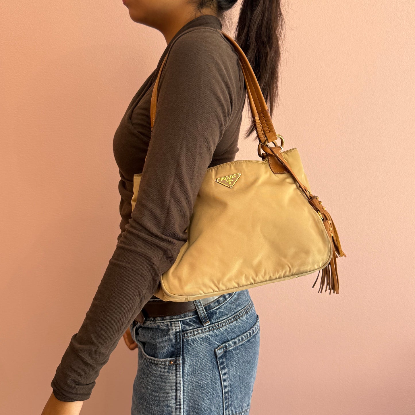 Prada Beige & Brown Nylon & Leather Tassel Shoulder Bag