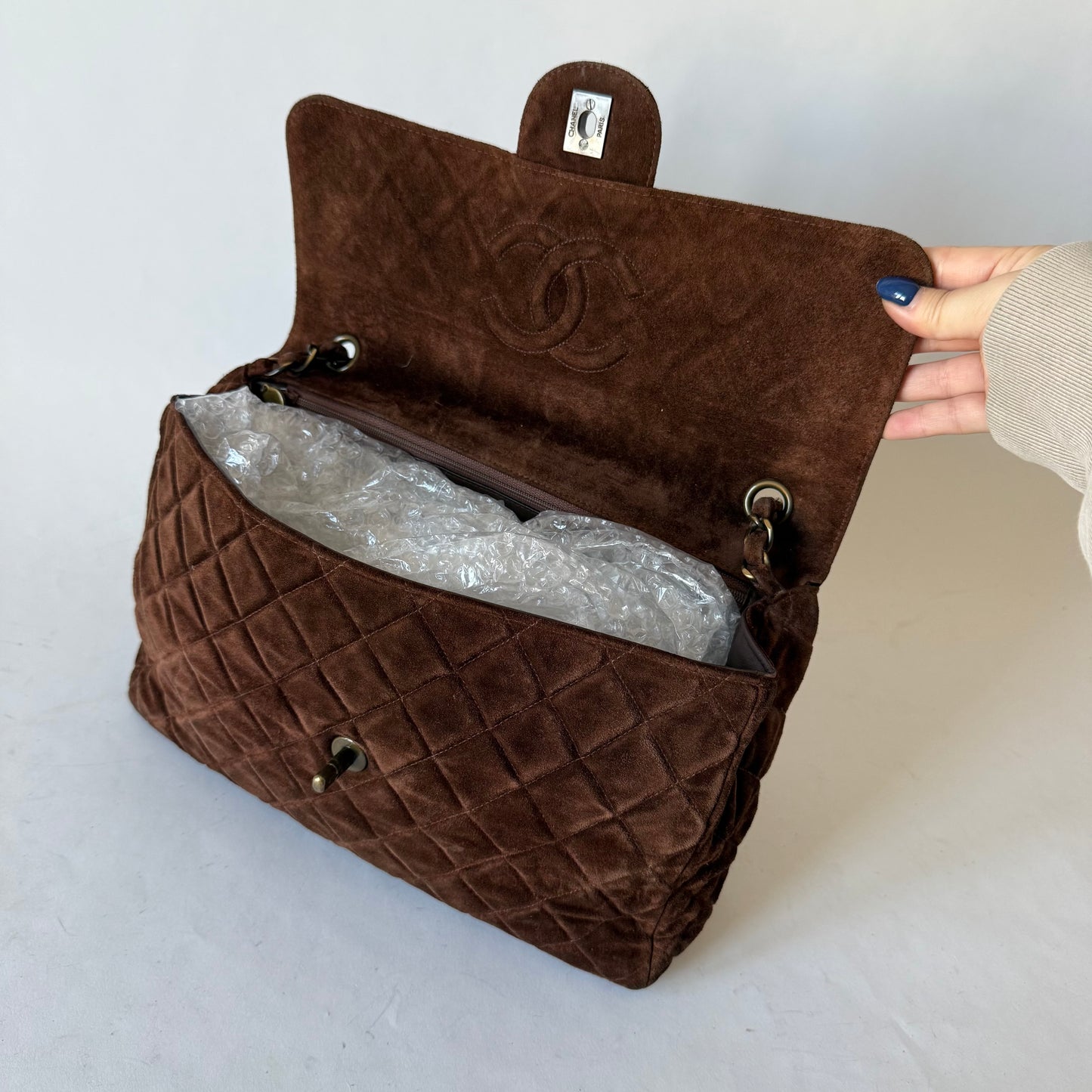 Chanel Brown Suede Antique Gold Hardware Large Flap