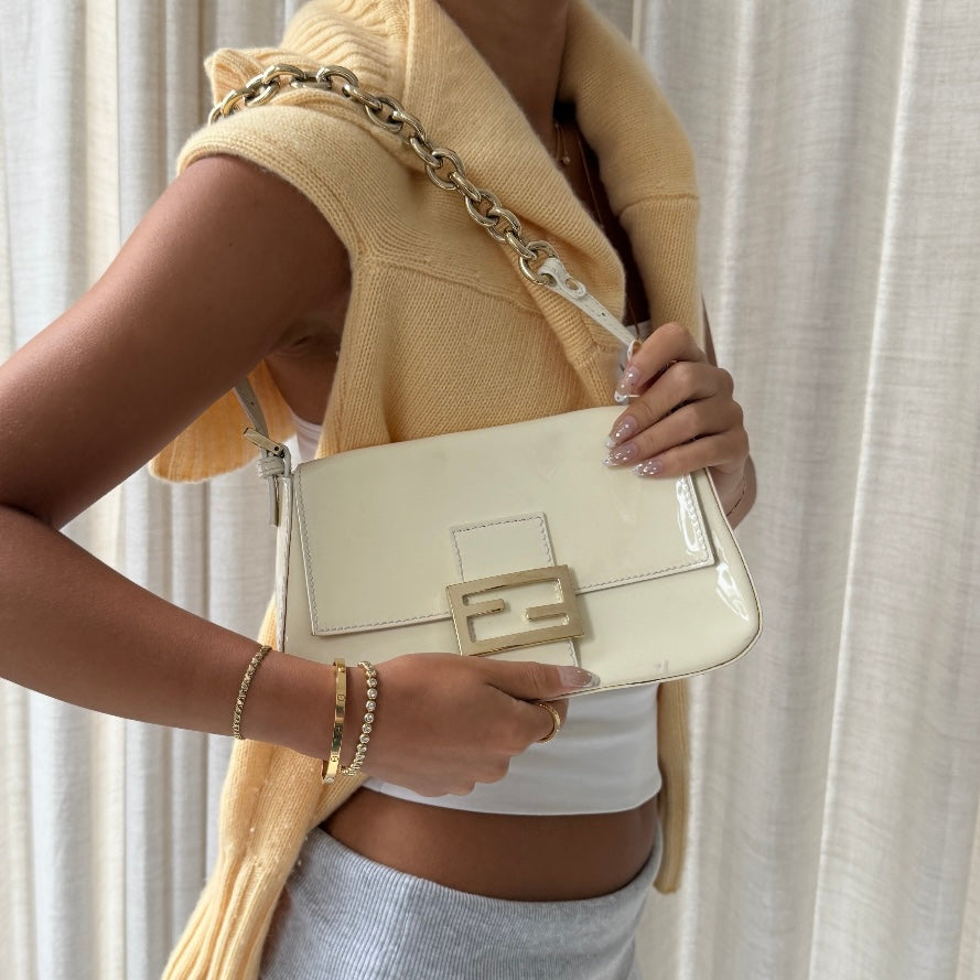Fendi Cream Patent Leather Mini Mama Baguette w/ Chain Strap