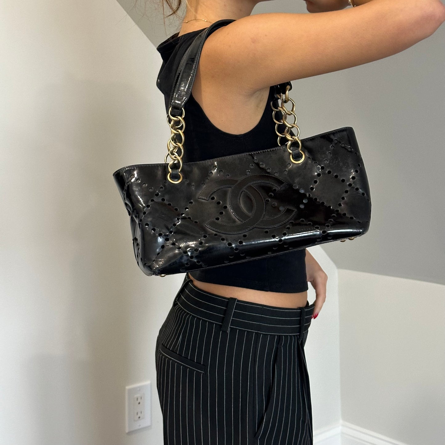Chanel Black Patent Perforated Tote