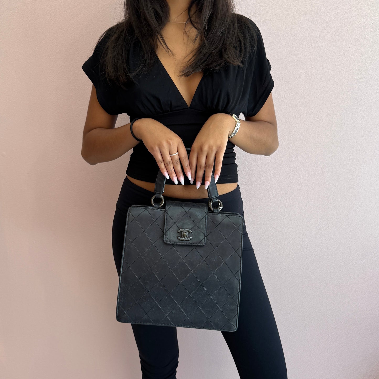 Chanel Black Lambskin Leather Quilted Tote Bag