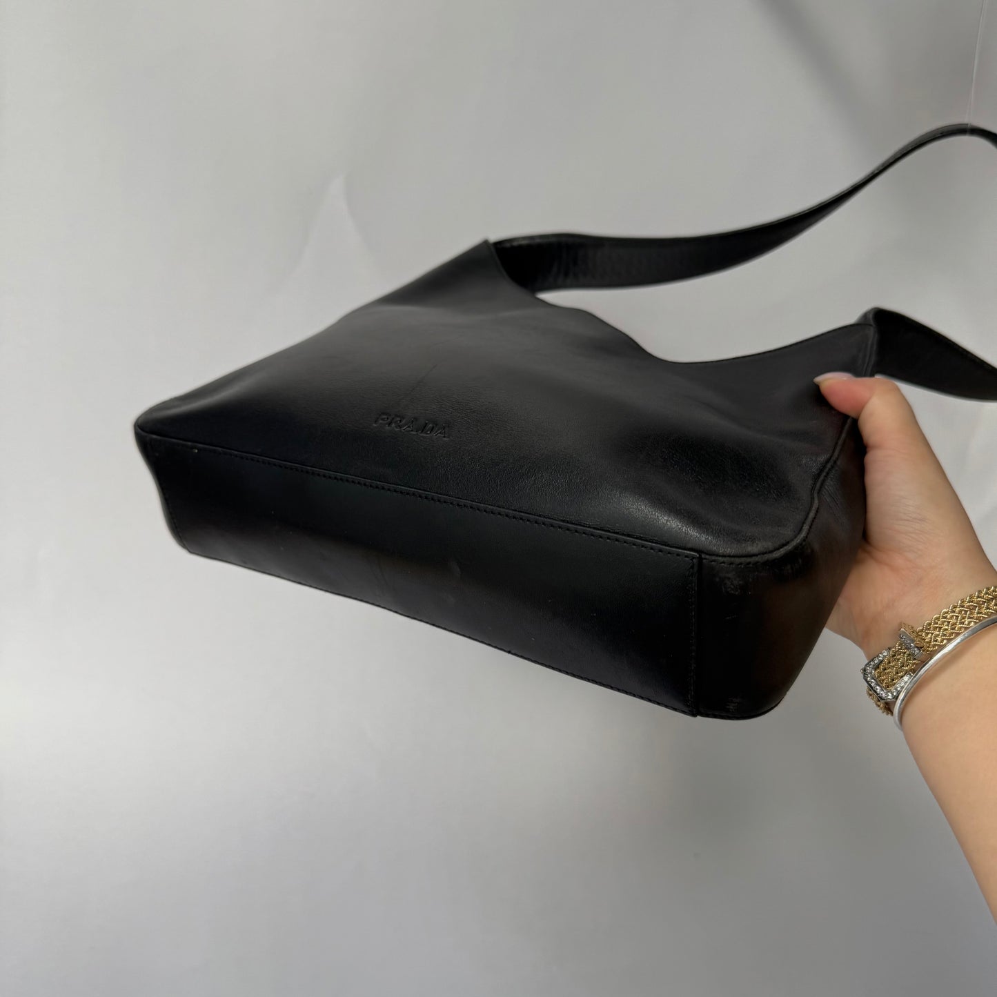Prada Black Lambskin Asymmetric V Shoulder Bag
