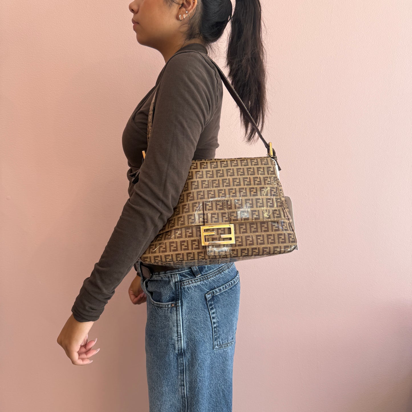 Fendi Zucchino Monogram Vinyl Brown Mama Baguette Shoulder Bag