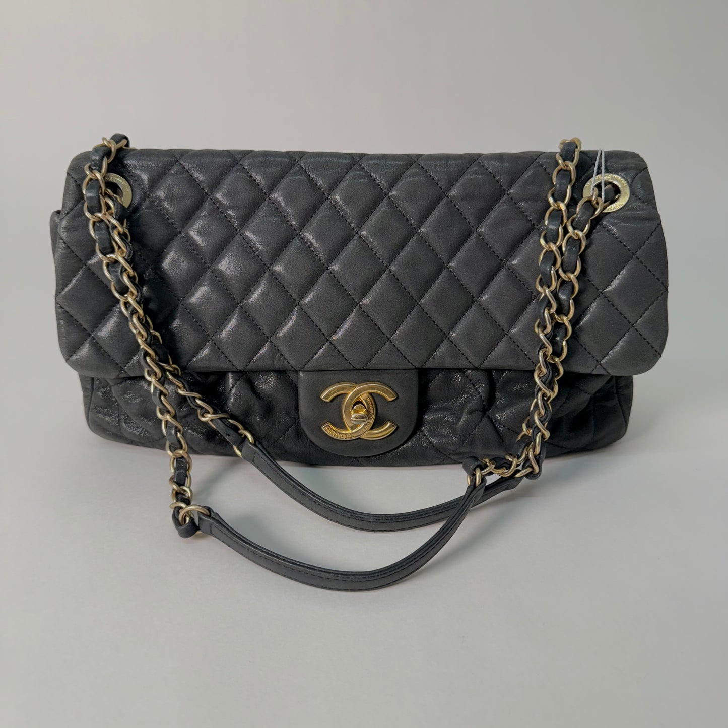 Chanel Dark Gunmetal Shiny Lambskin Flap Shoulder Bag w/ Chain Strap