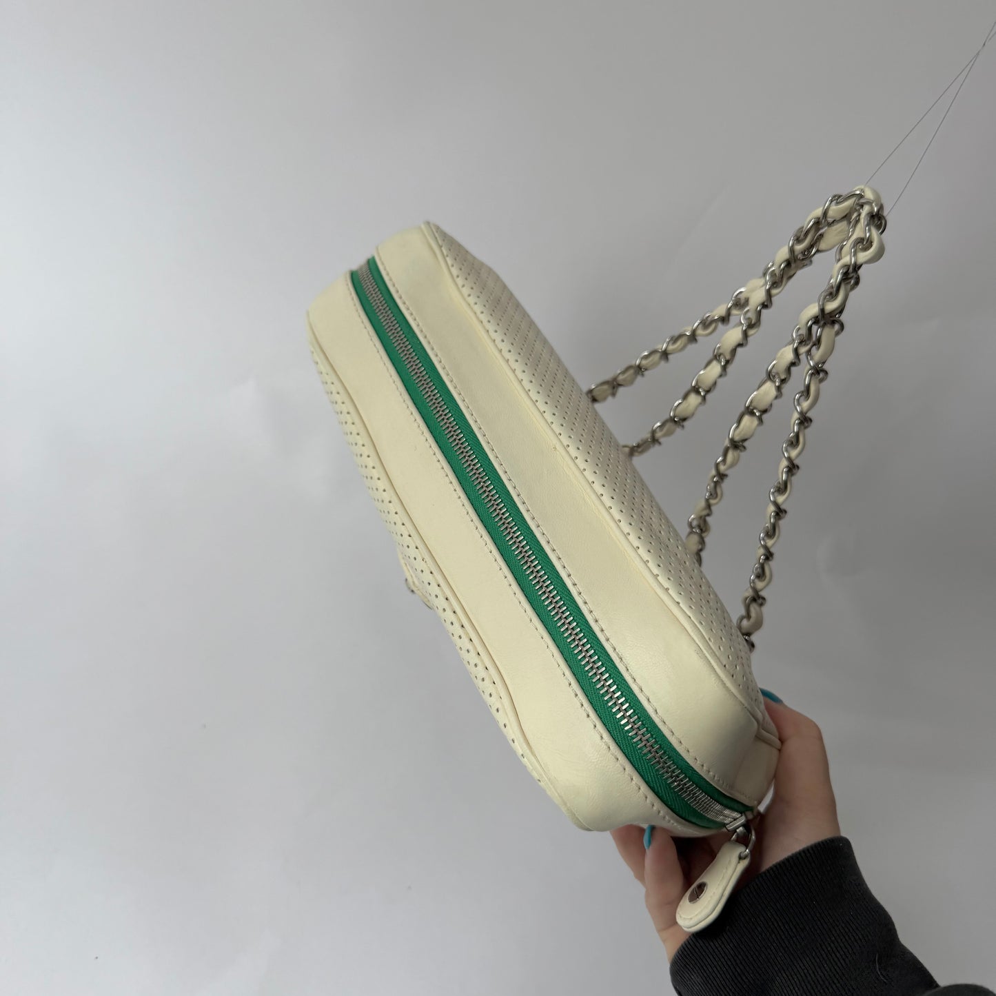 Chanel White Perforated Green Bottom Zipper Flap Bag