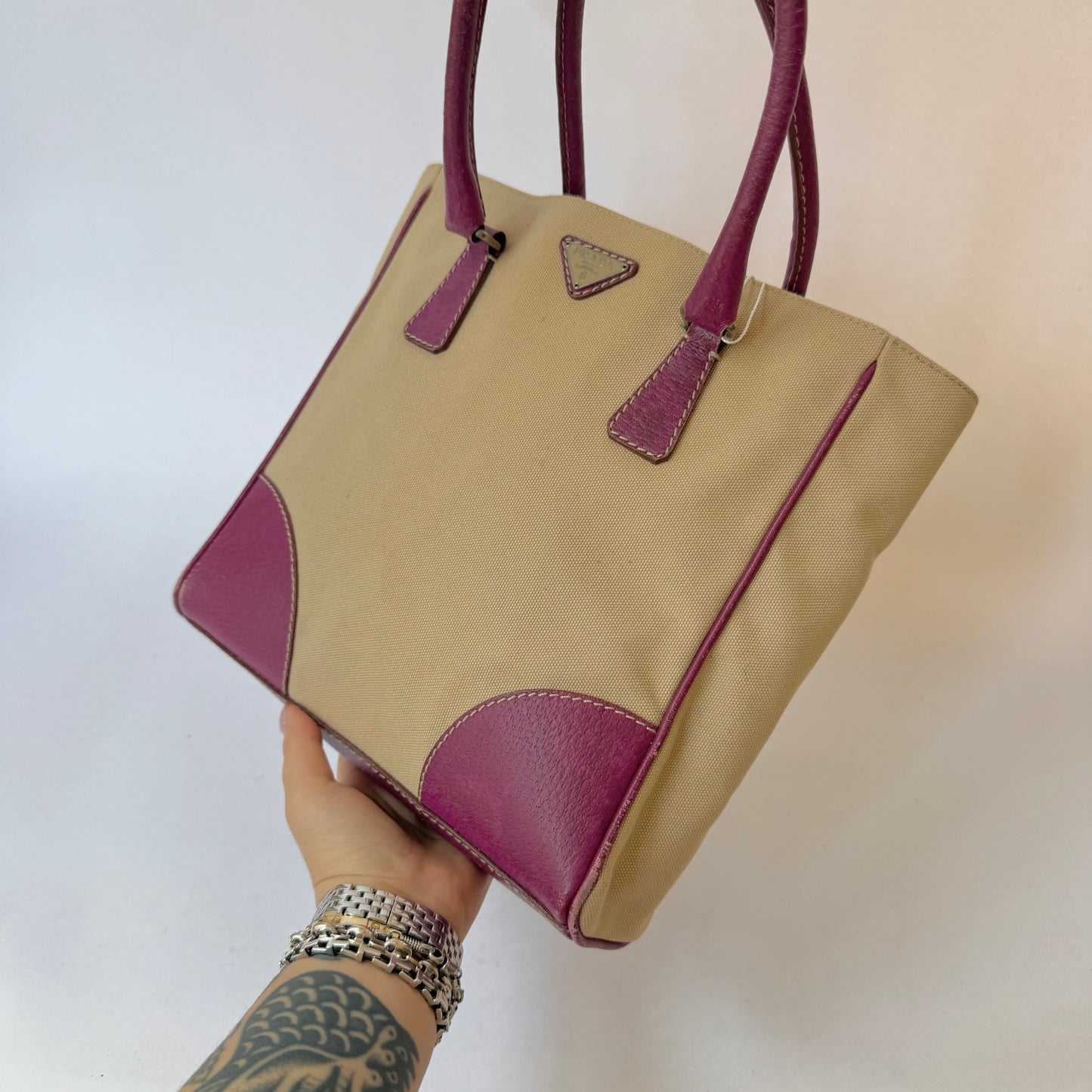 Prada Beige & Pink Canvas Tote Bag