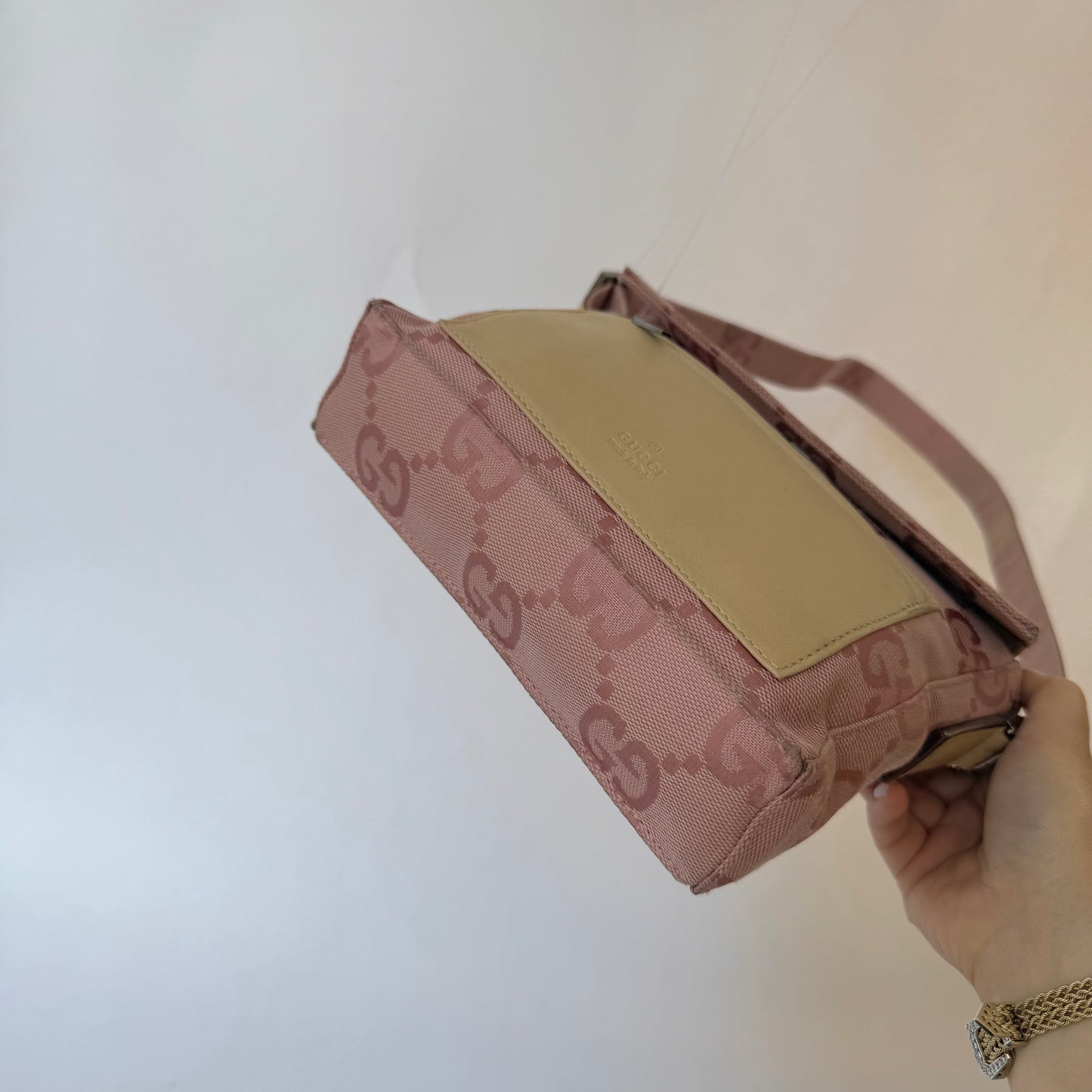 Gucci Pink Monogram & Beige Leather Shoulder Bag