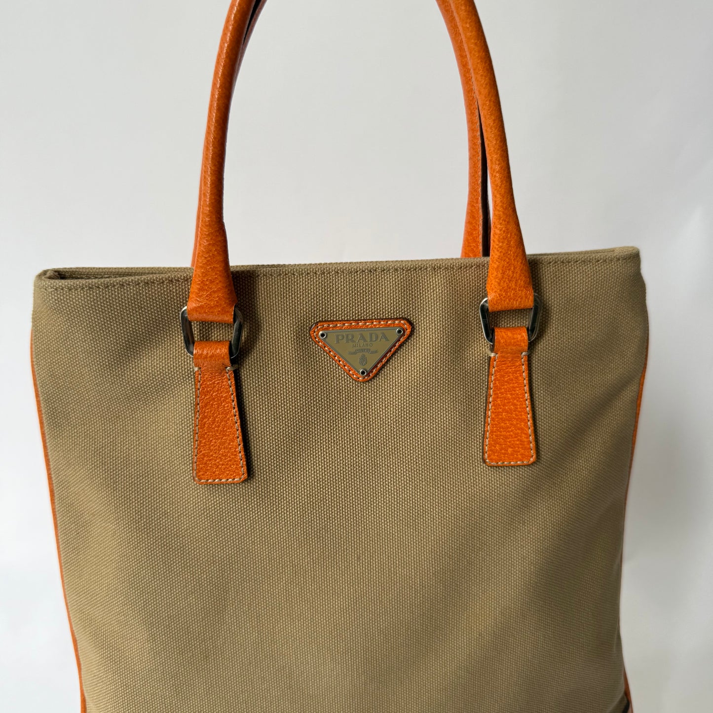 Prada Beige Canvas & Orange Leather Flat Tote Bag