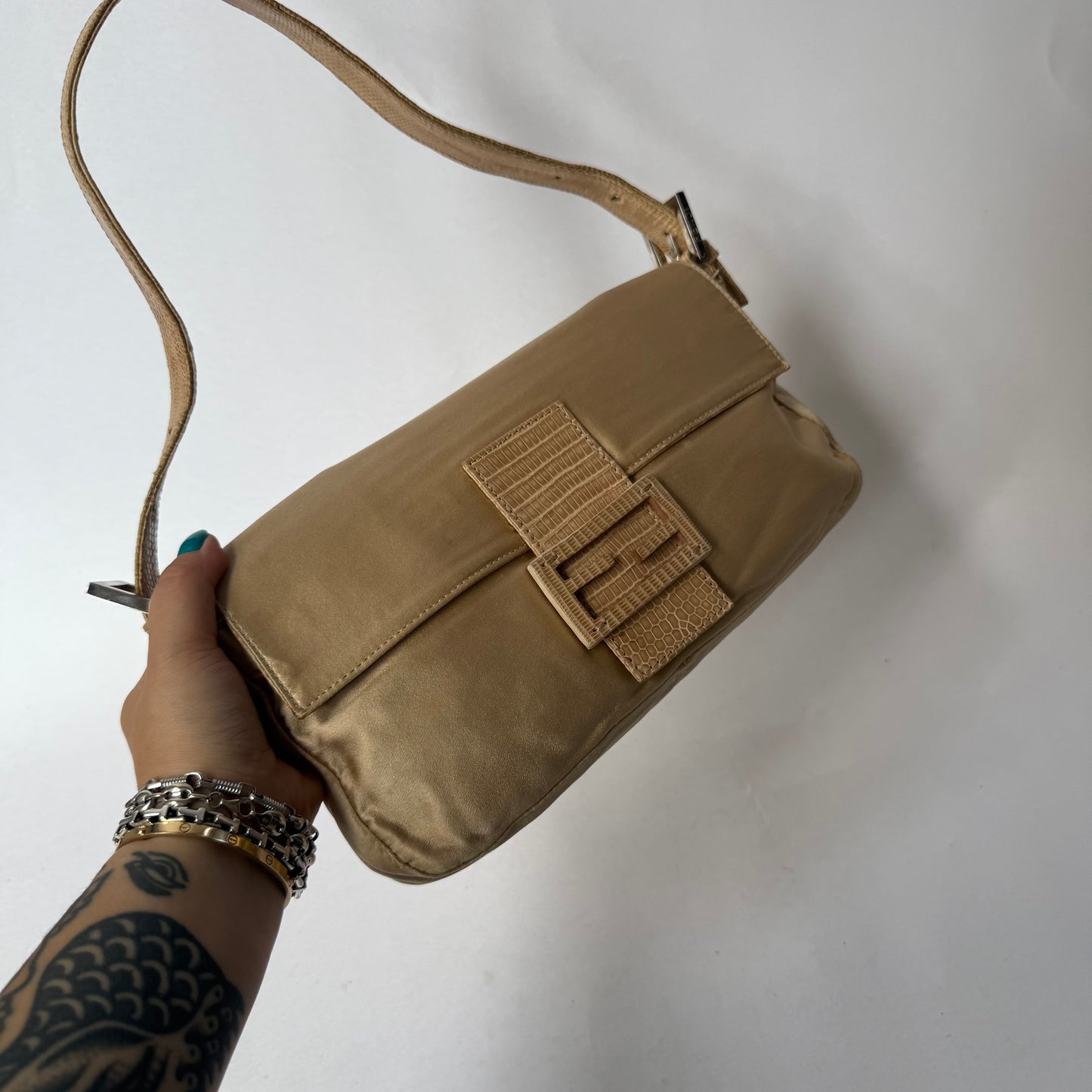 Fendi Beige Satin & Python Baguette Shoulder Bag