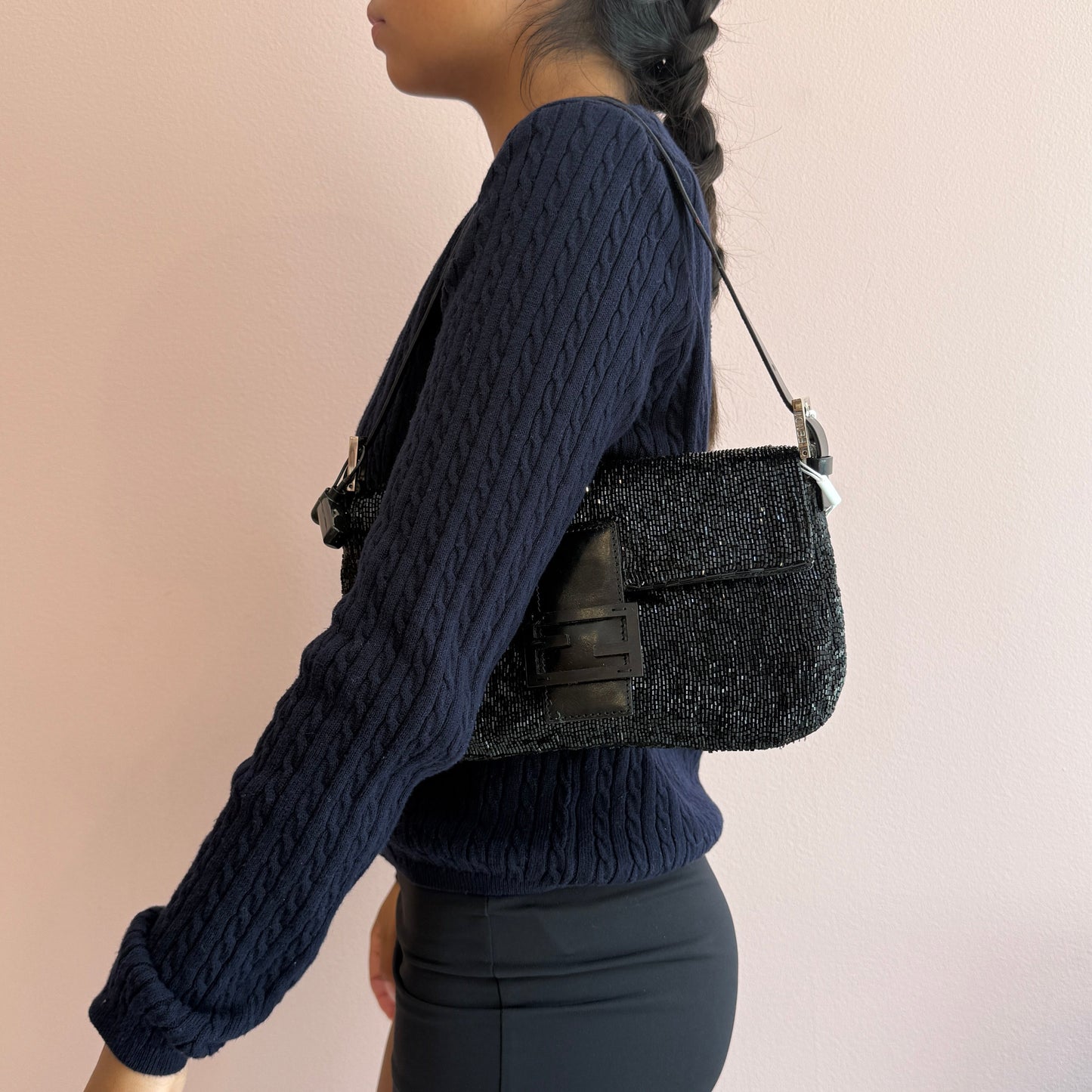 Fendi Black Beaded & Leather Baguette Shoulder Bag Black HW
