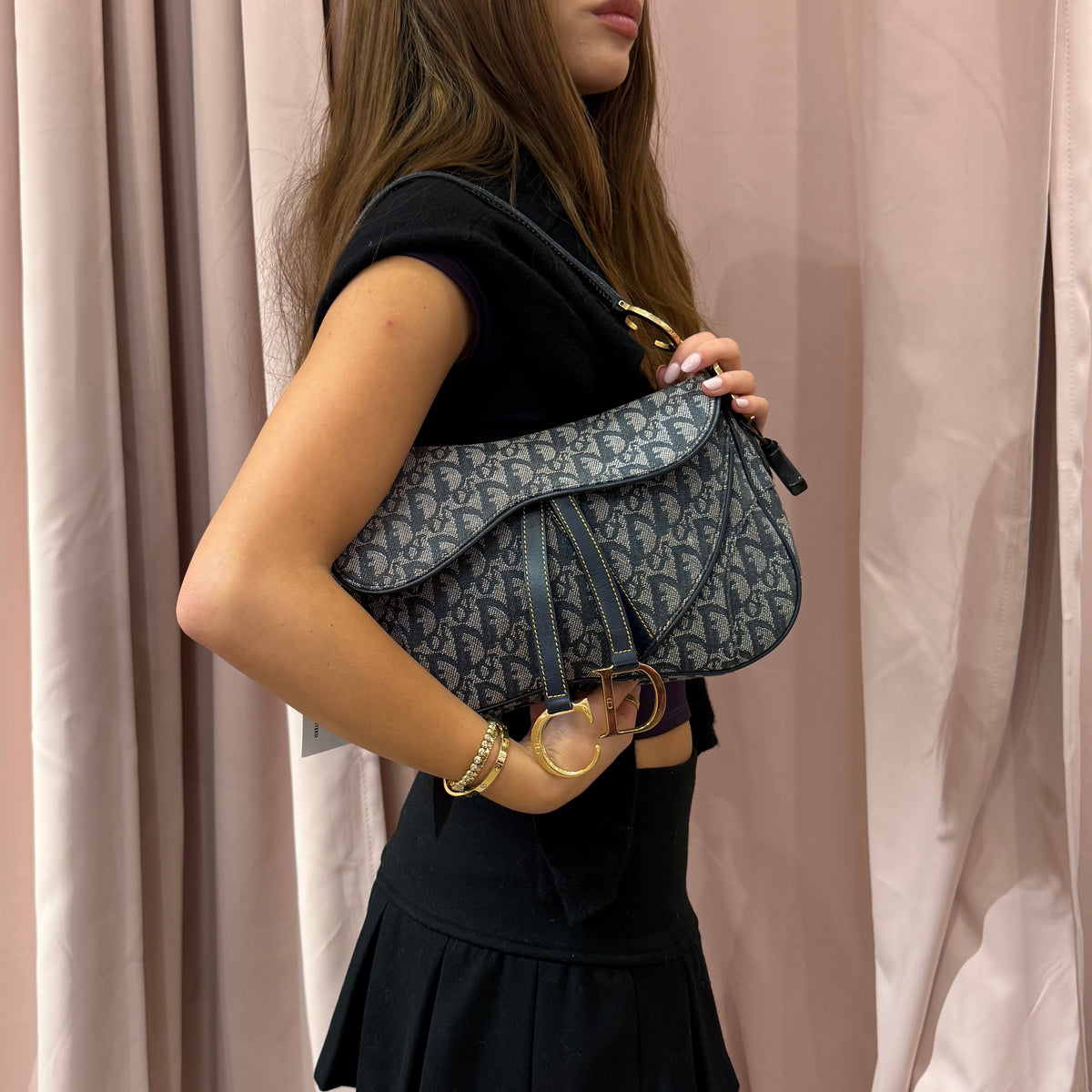 Christian Dior Blue Trotter Monogram Double Saddle w/ Gold Hardware