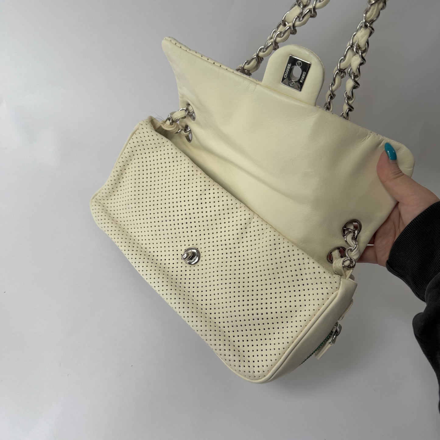 Chanel White Perforated Green Bottom Zipper Flap Bag