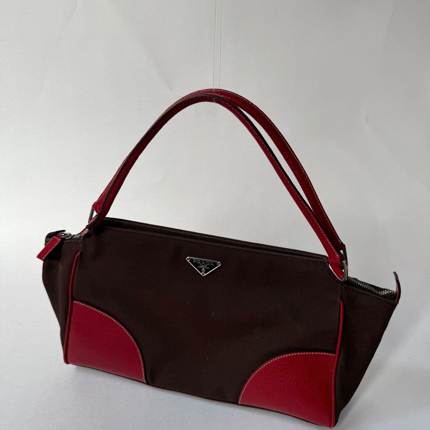 Prada Brown Canvas & Red Leather Shoulder Tote Bag