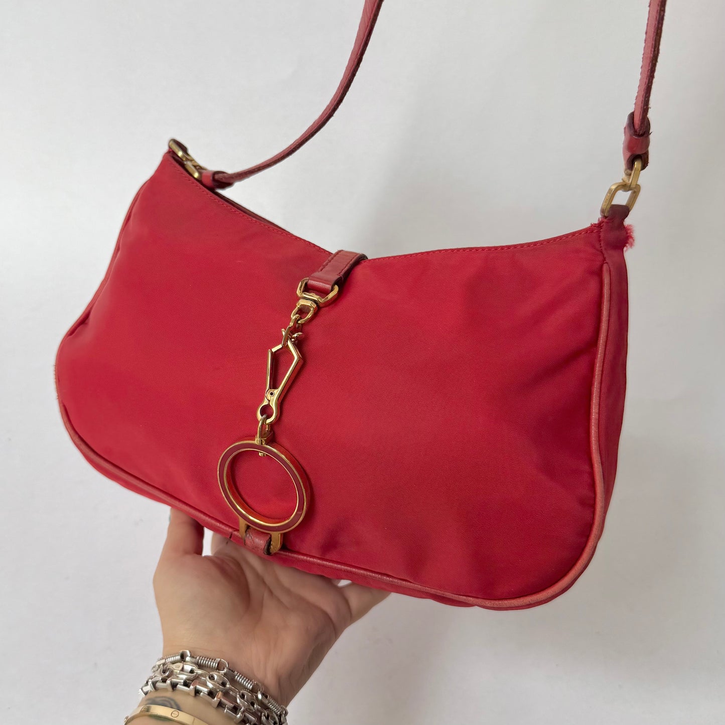 Prada Red Nylon & Gold HW Shoulder Bag