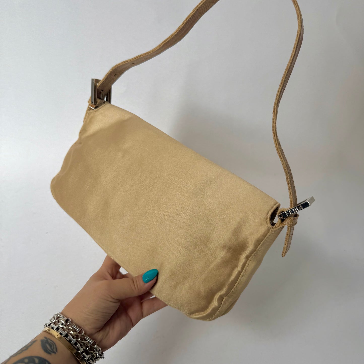 Fendi Beige Satin & Python Baguette Shoulder Bag