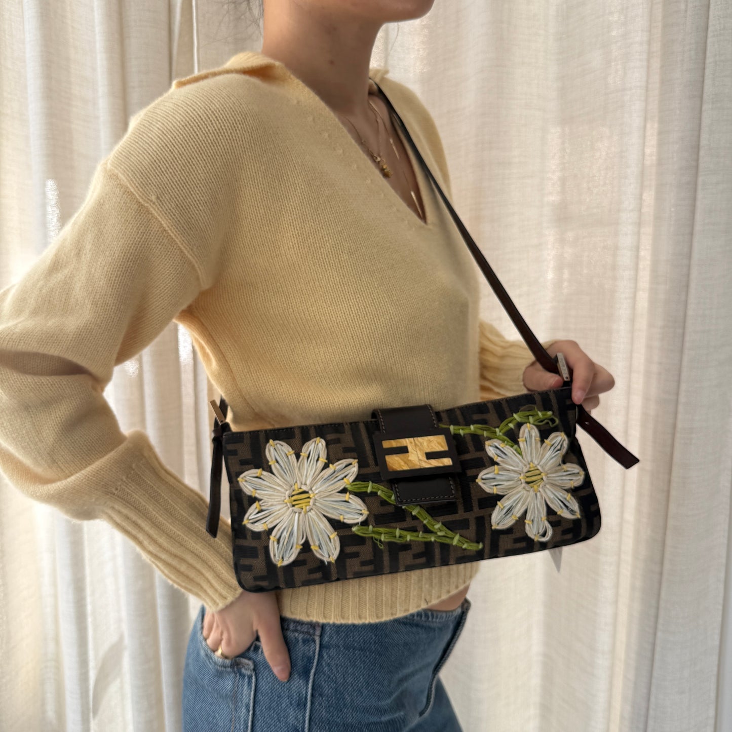 Fendi Brown Multicolored Zucca Embroidered Flower Crossbody Bag