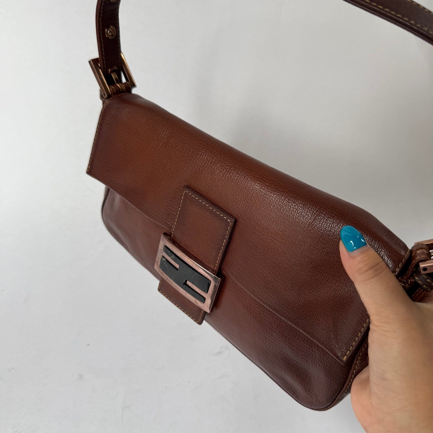 RARE Fendi Brown Leather Patina Black Stone Rose Gold HW Baguette Shoulder Bag