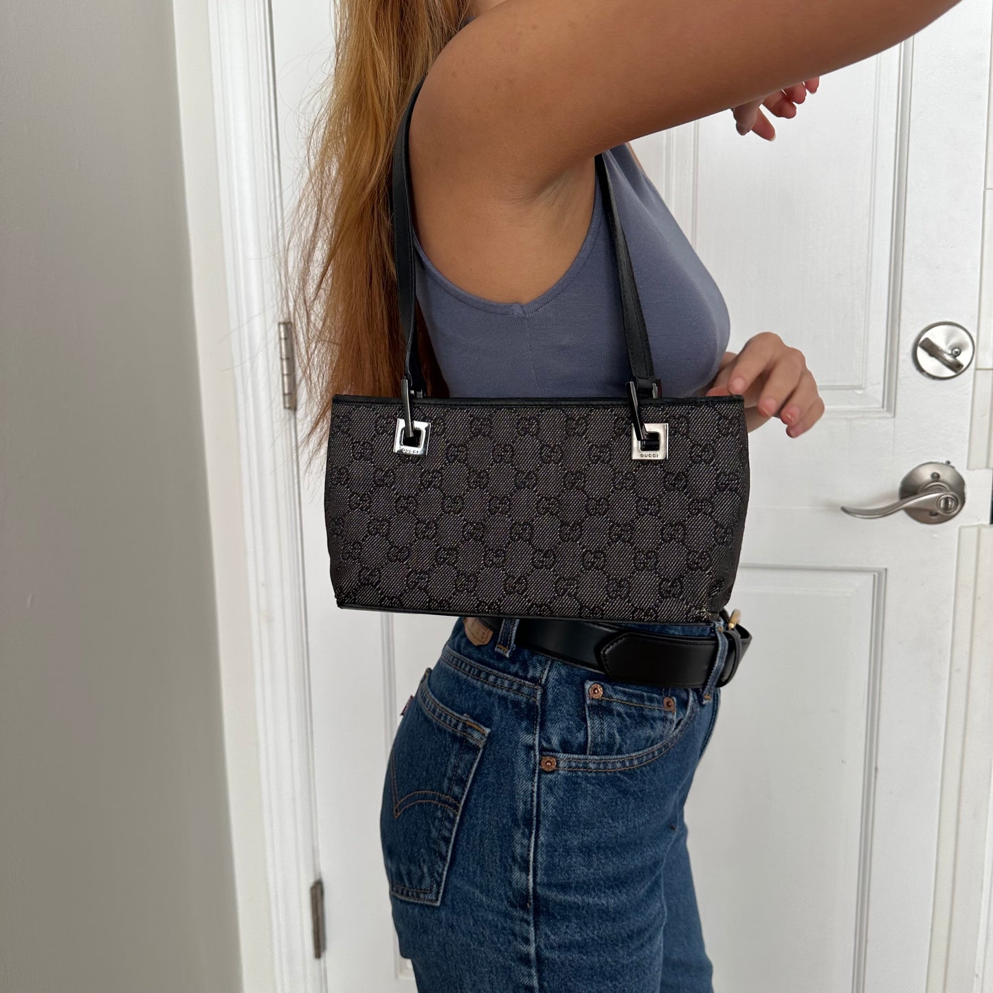 Gucci Black Denim Monogram Shoulder Bag w/ Leather Strap