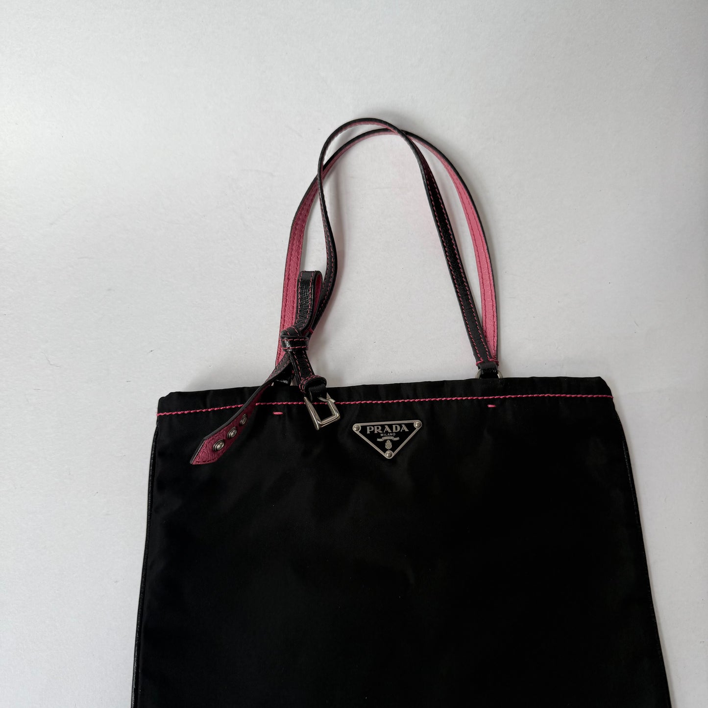 Prada Black Nylon & Pink Trim Small Tote Bag