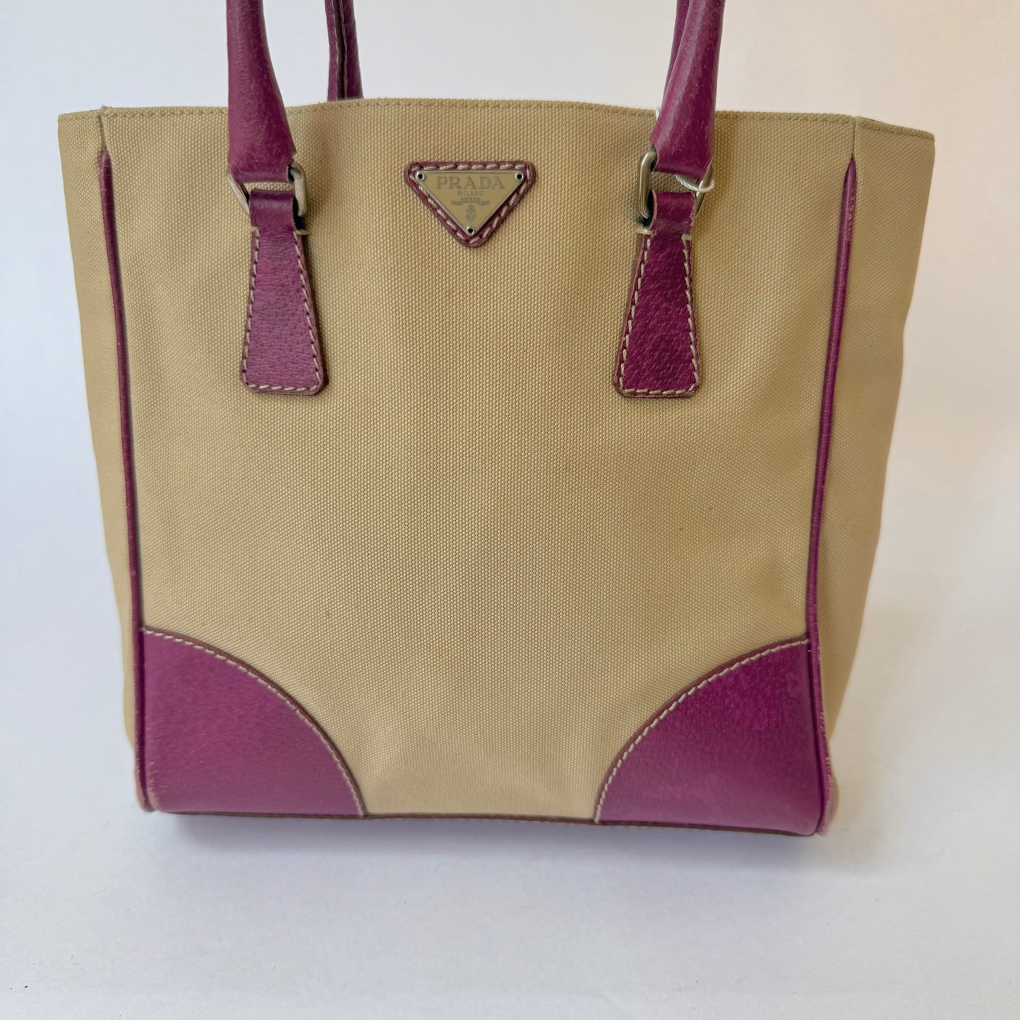 Prada Beige & Pink Canvas Tote Bag