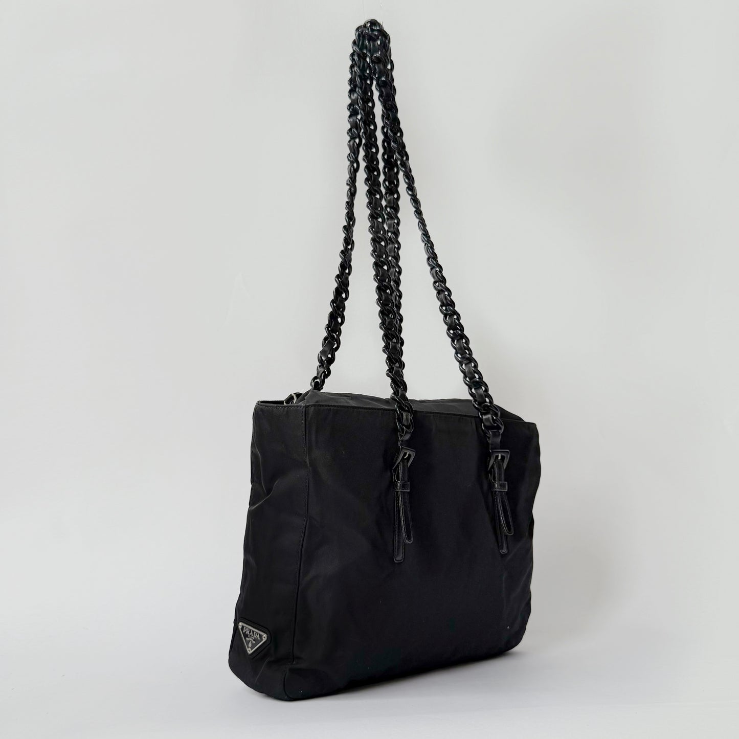 Prada Black Nylon Chain Handle Shoulder Tote Bag