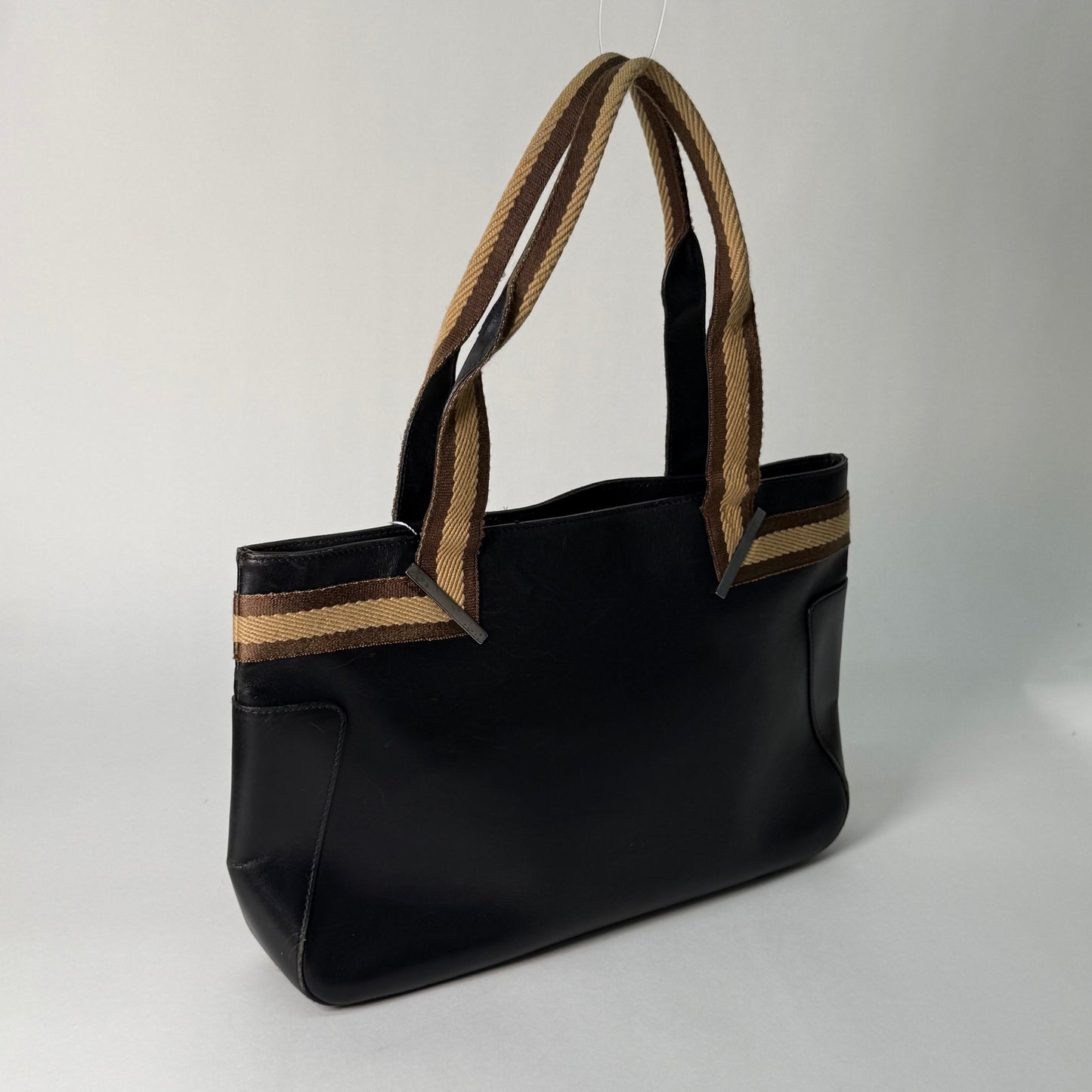 Gucci Black Leather Shoulder Bag w/ Canvas Handle