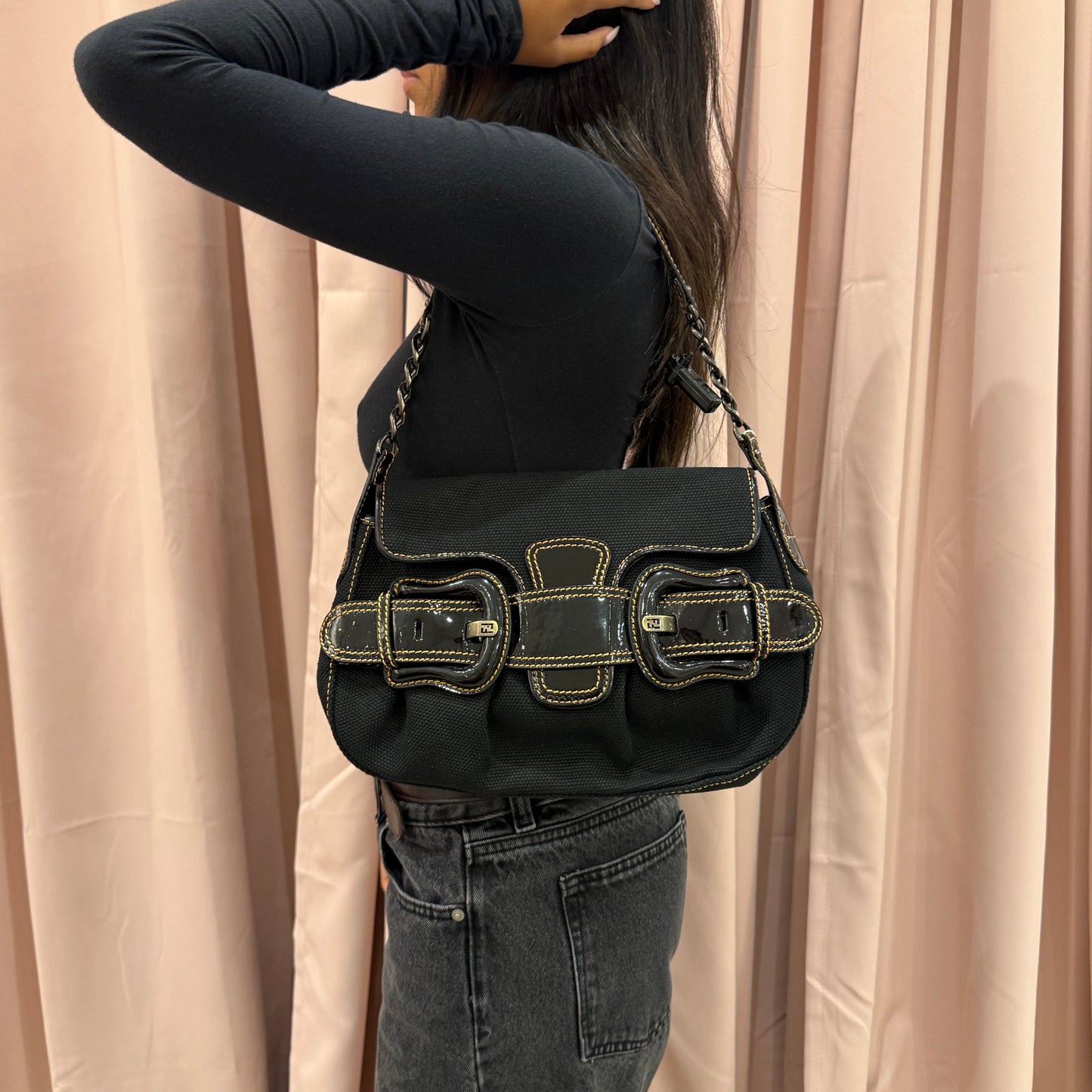 Fendi Black Canvas & Patent Leather Buckle Flap