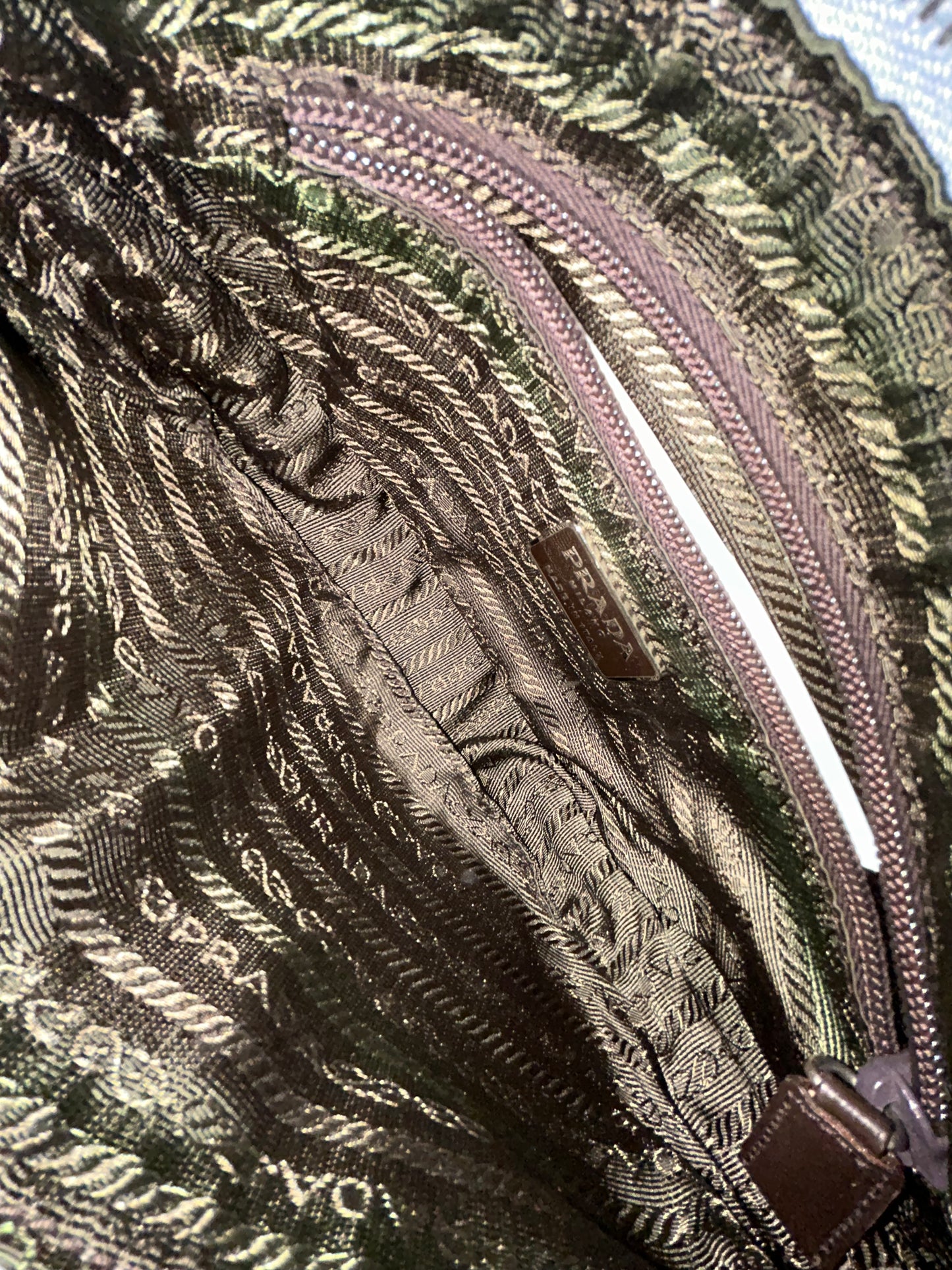 Prada Beige Linen & Patent Leather Half Moon Pochette
