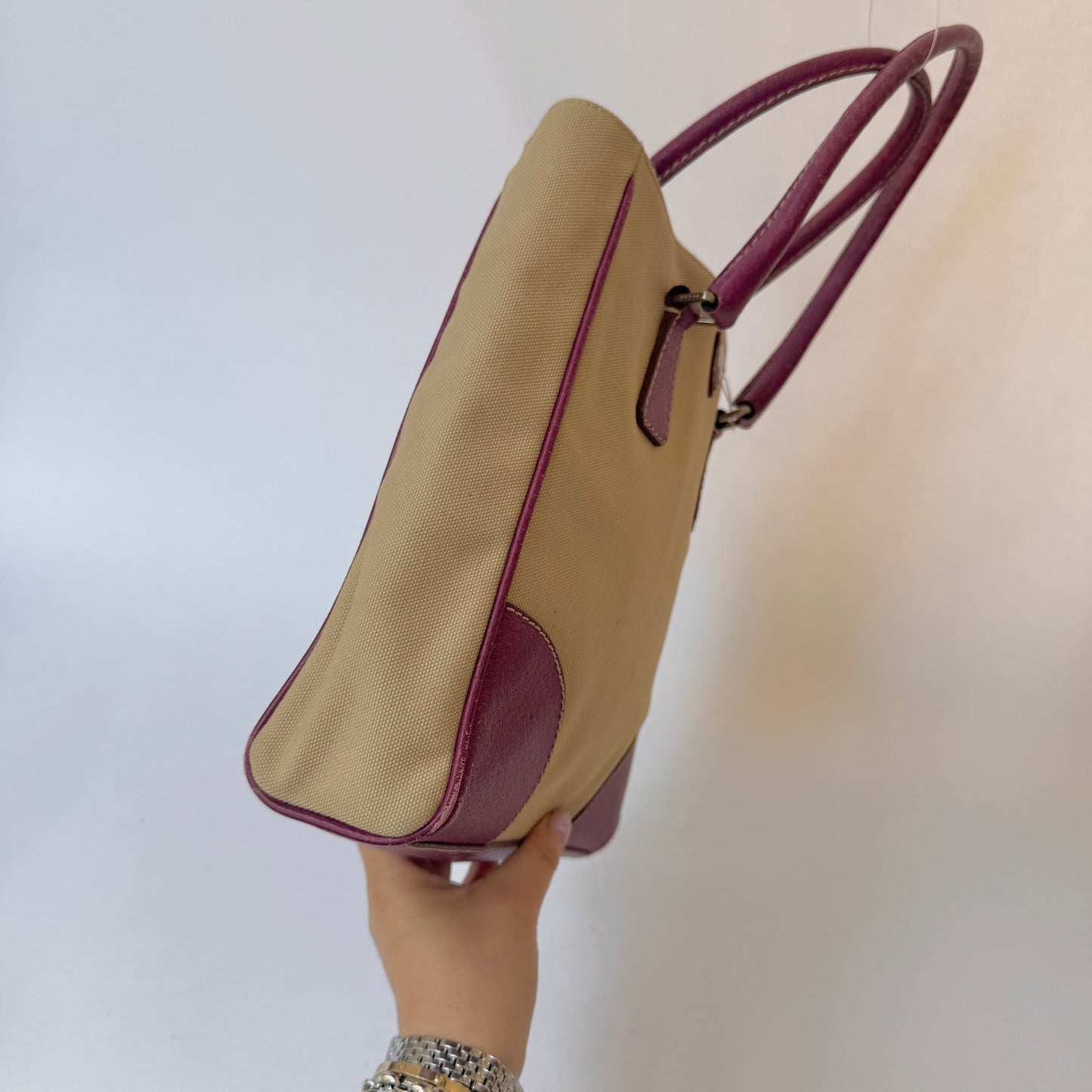 Prada Beige & Pink Canvas Tote Bag