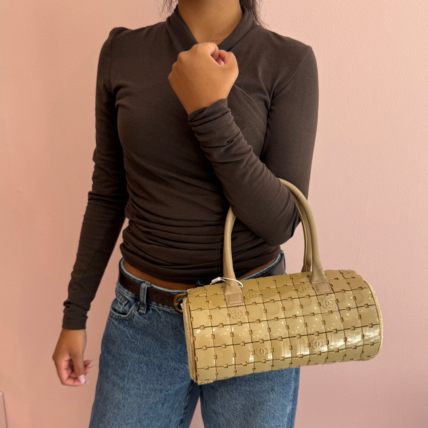 RARE Chanel Beige Puzzle Tile Cylinder Barrel Bag
