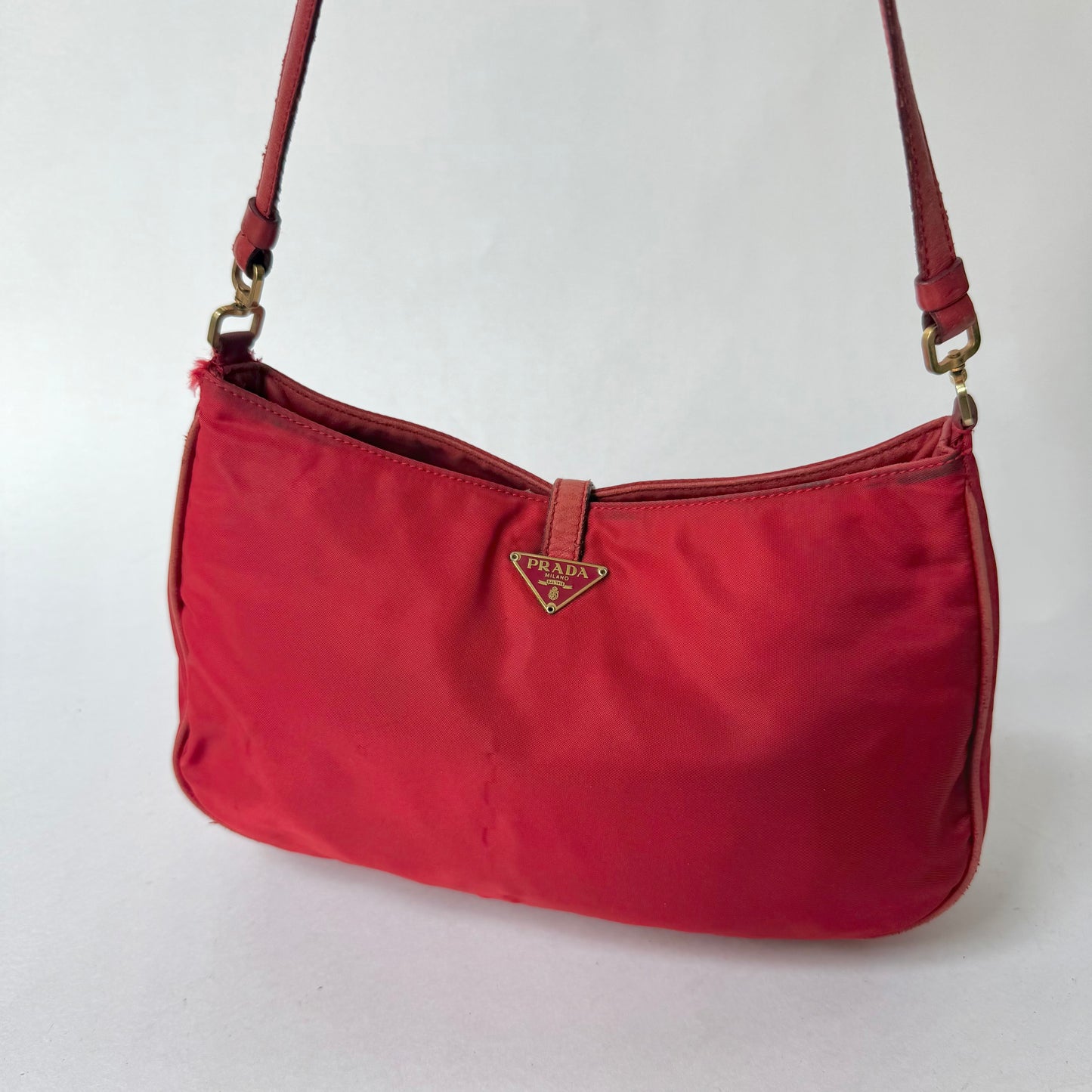 Prada Red Nylon & Gold HW Shoulder Bag