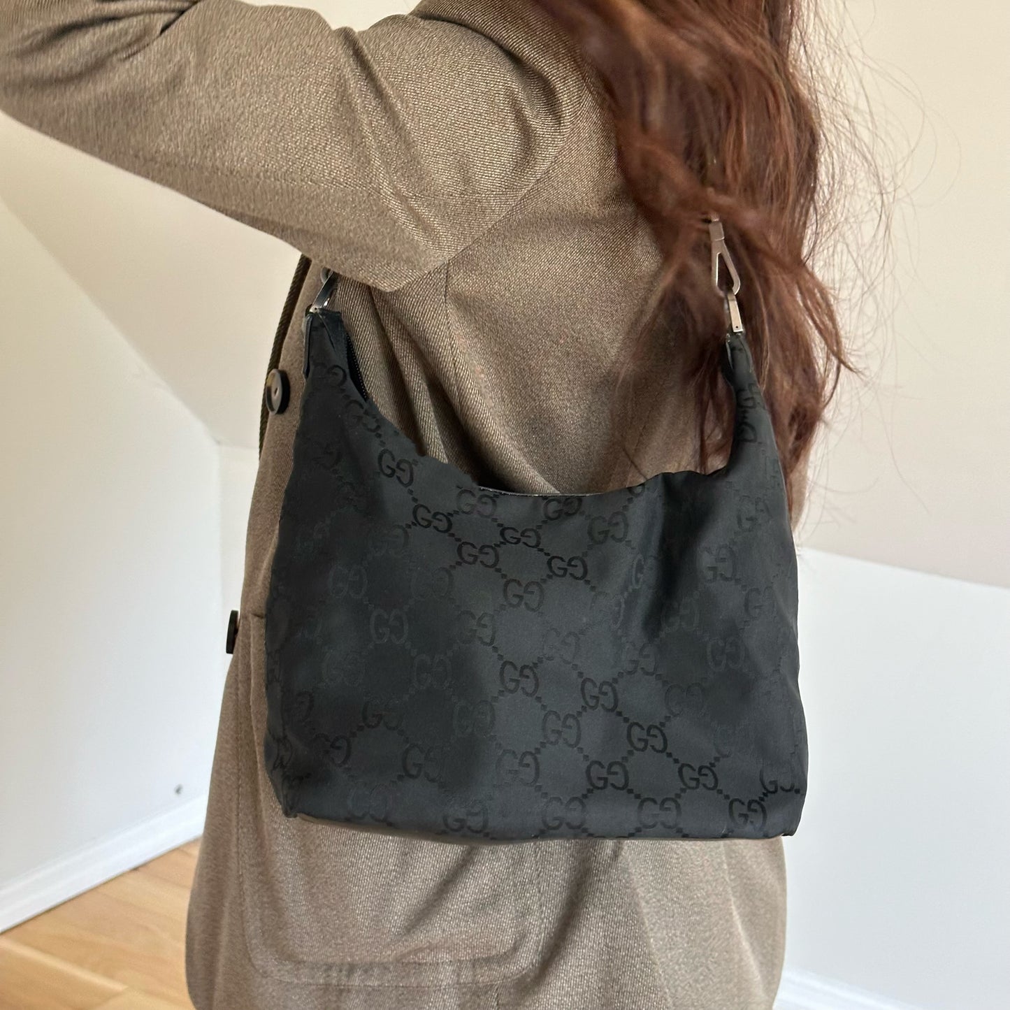 Gucci Black Bamboo Handle Monogram Hobo Bag