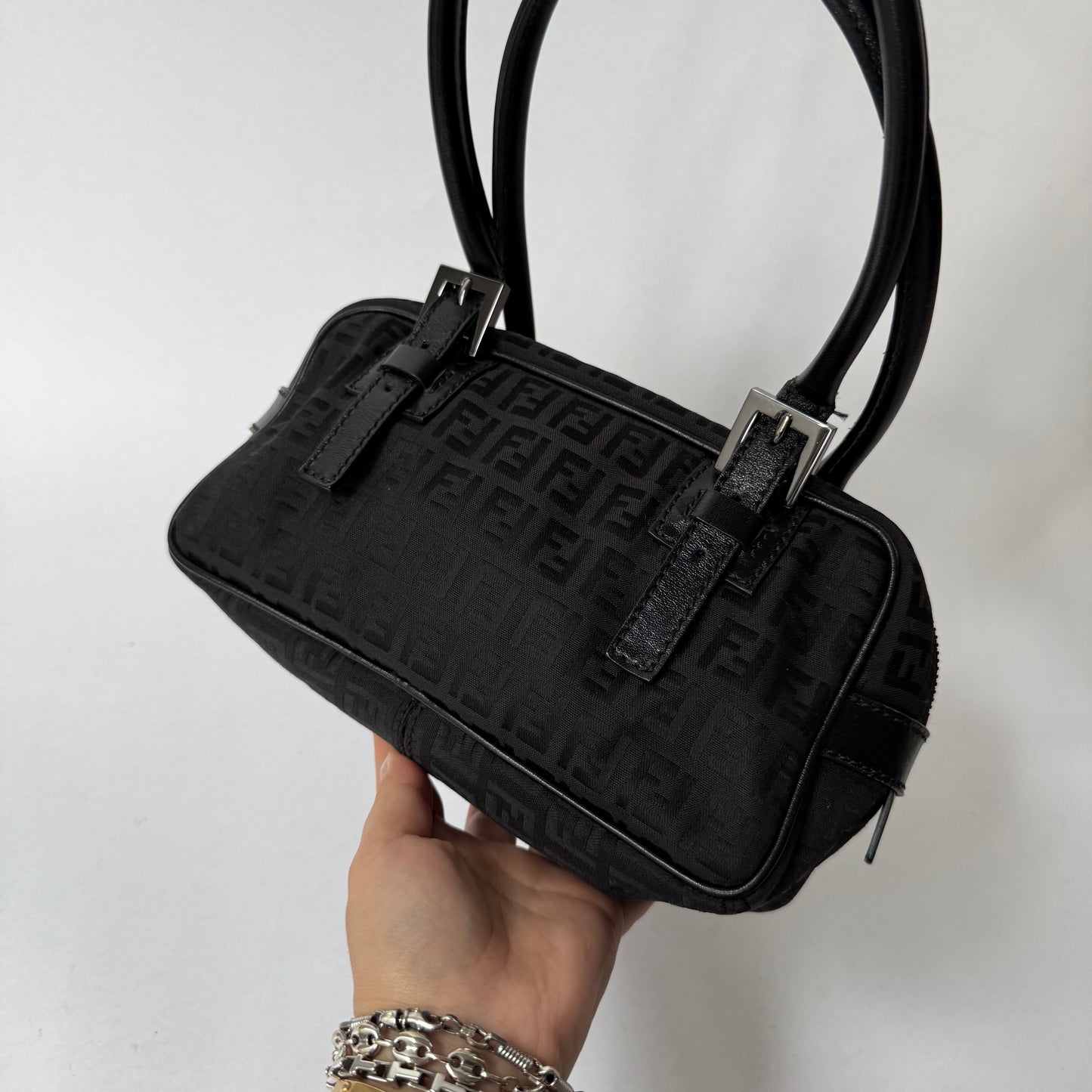 Fendi Black Zucchino Canvas Small Boston Bag