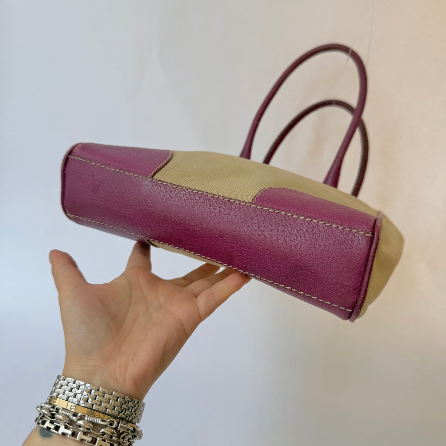 Prada Beige & Pink Canvas Tote Bag