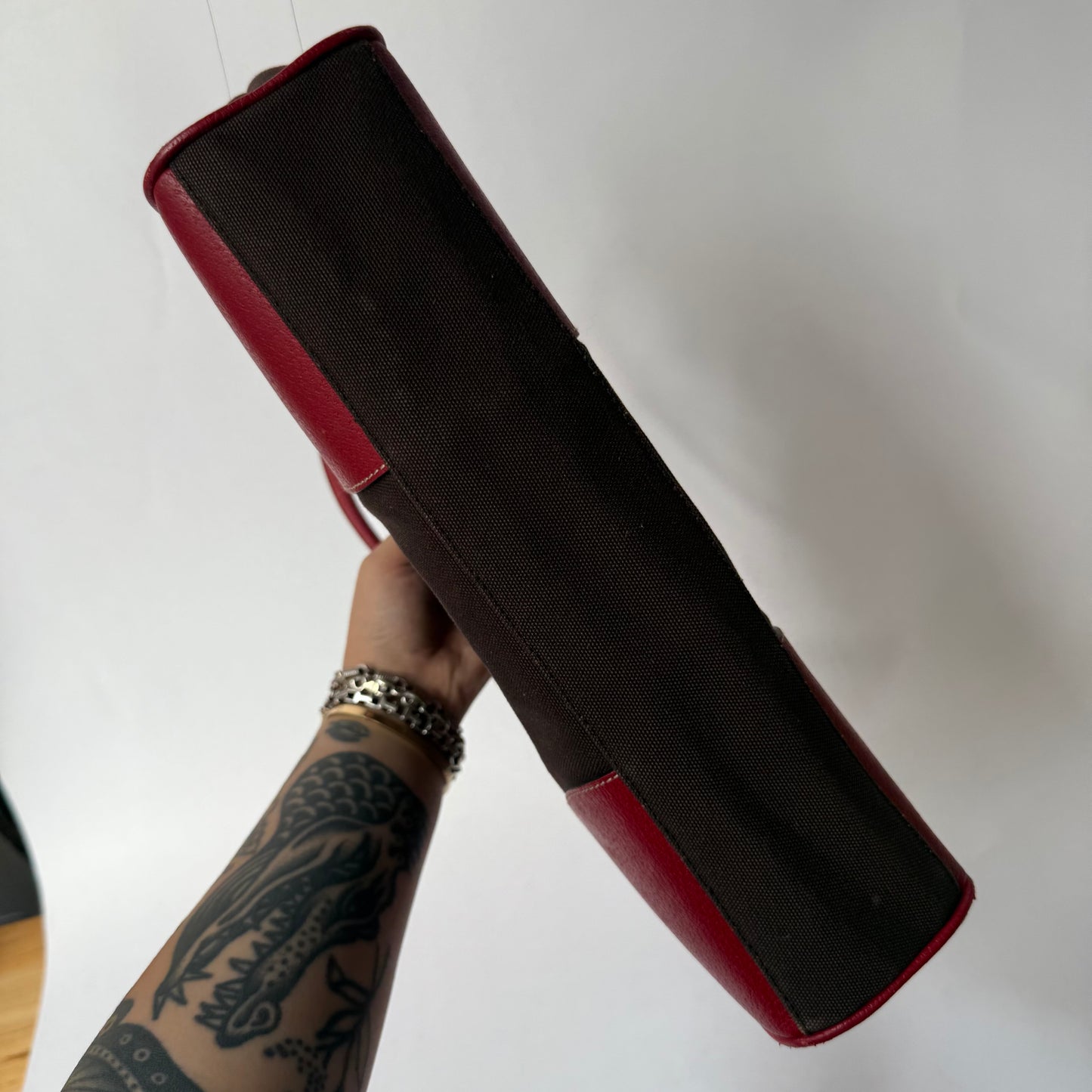 Prada Brown Canvas & Red Leather Shoulder Tote Bag