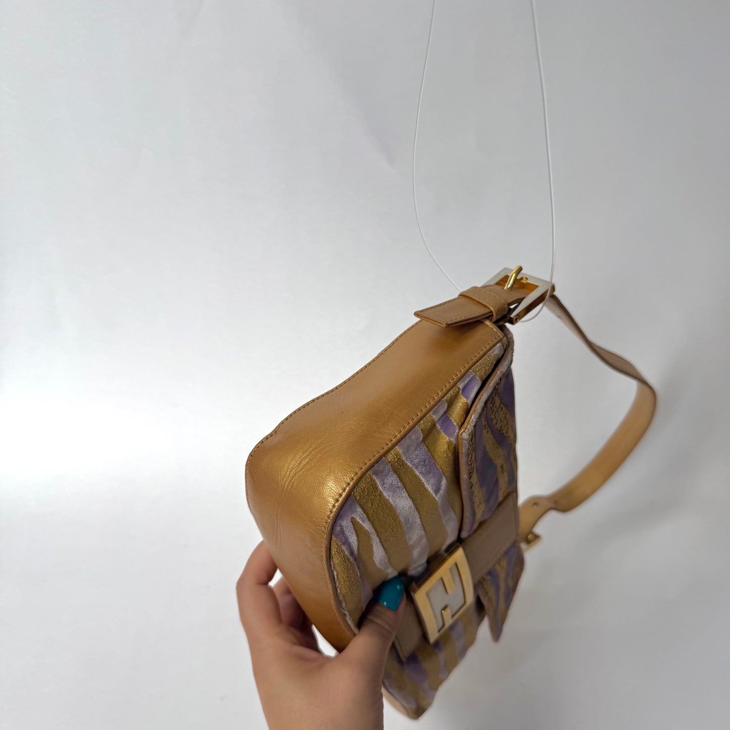 Fendi Gold & Purple Zebra Printed Baguette Shoulder Bag