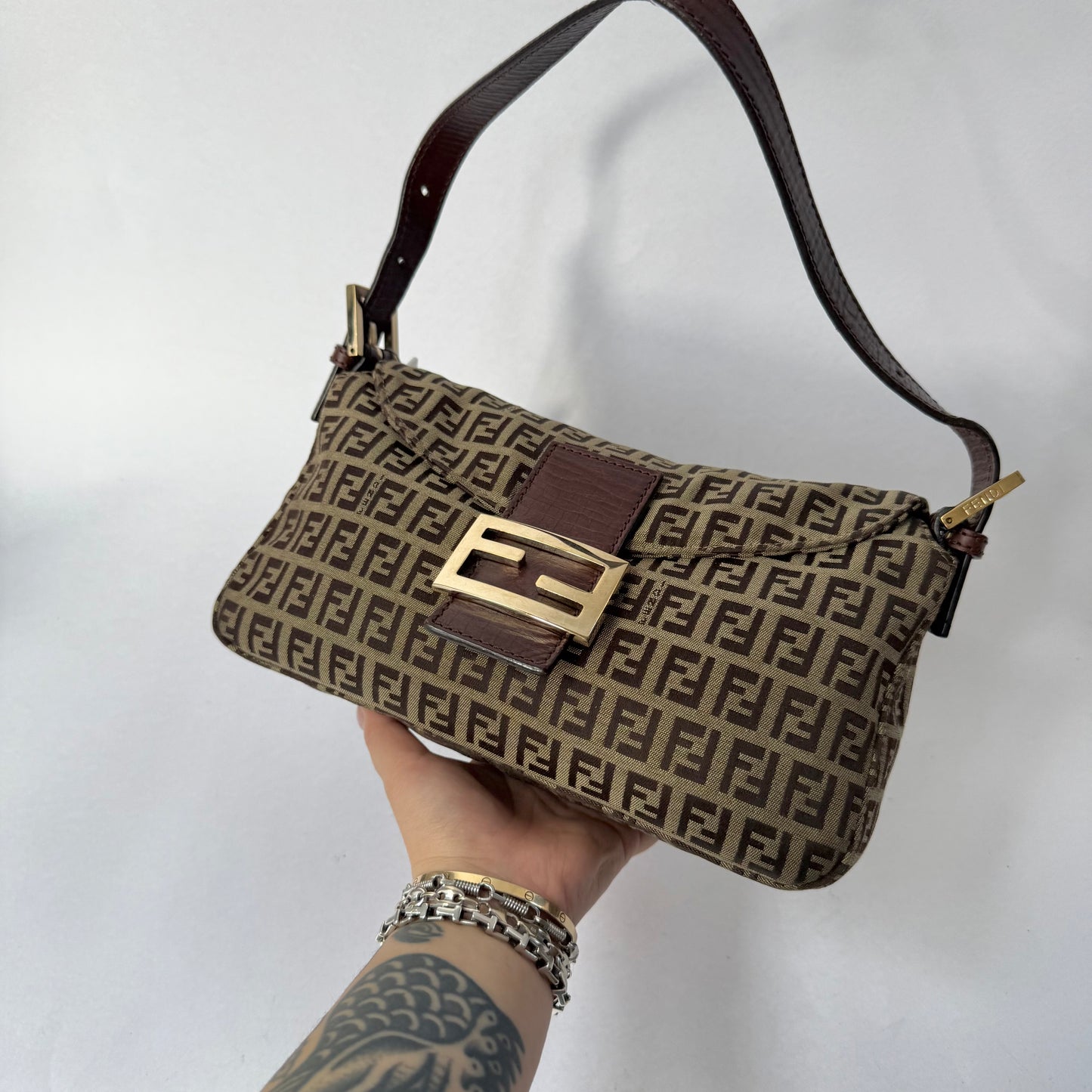 Fendi Brown Zucchino Round Flap Baguette
