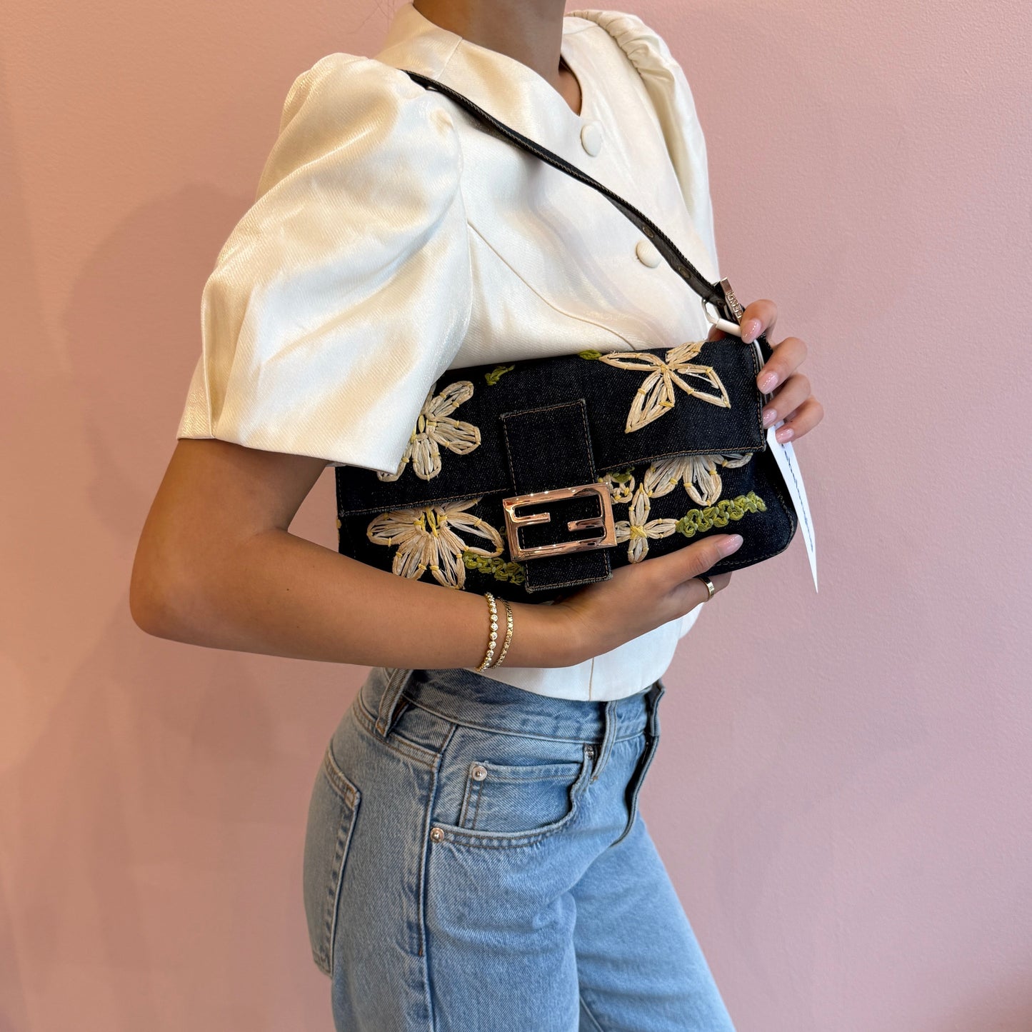 Fendi Denim Embroidered Floral Baguette Shoulder Bag SHW