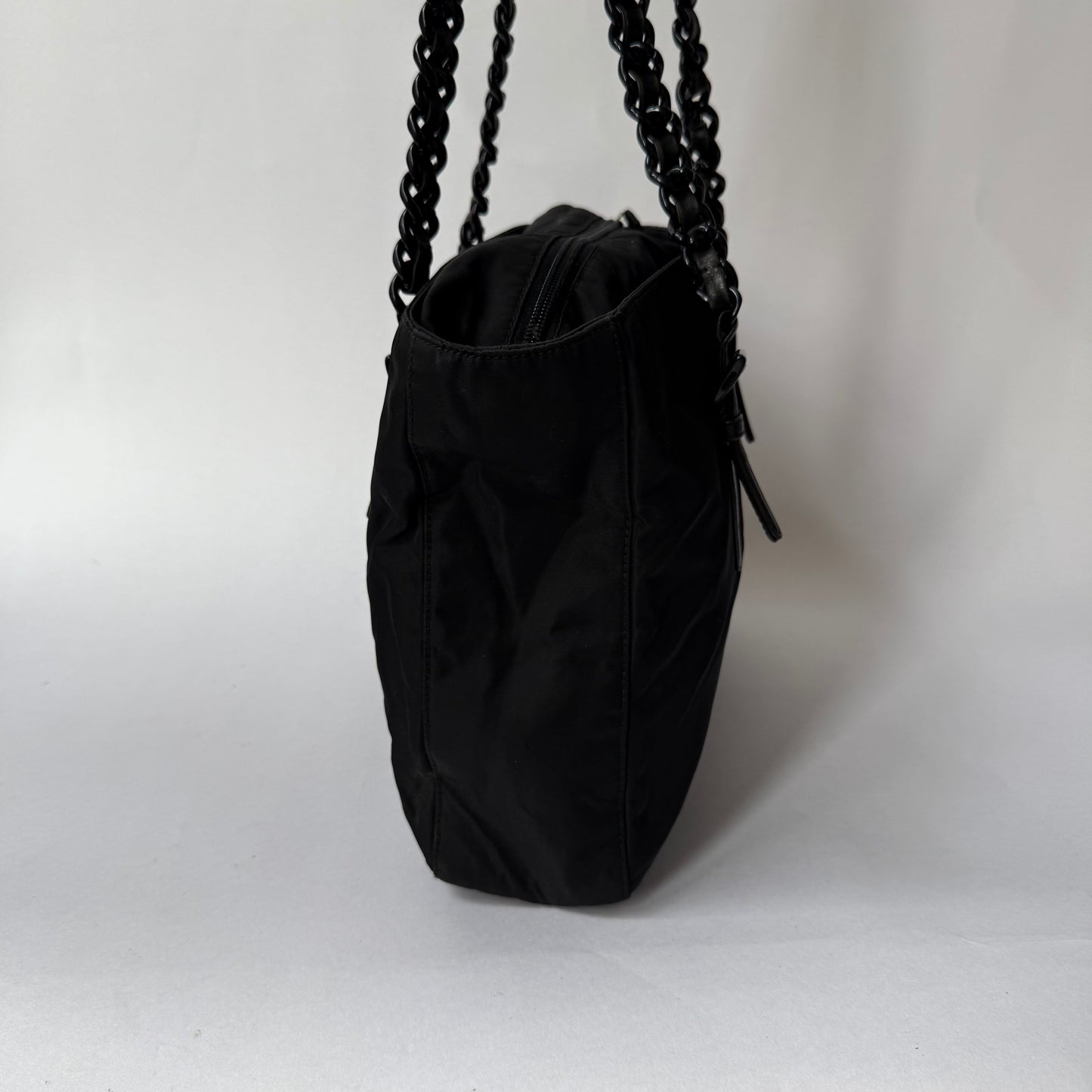 Prada Black Nylon Chain Handle Shoulder Tote Bag