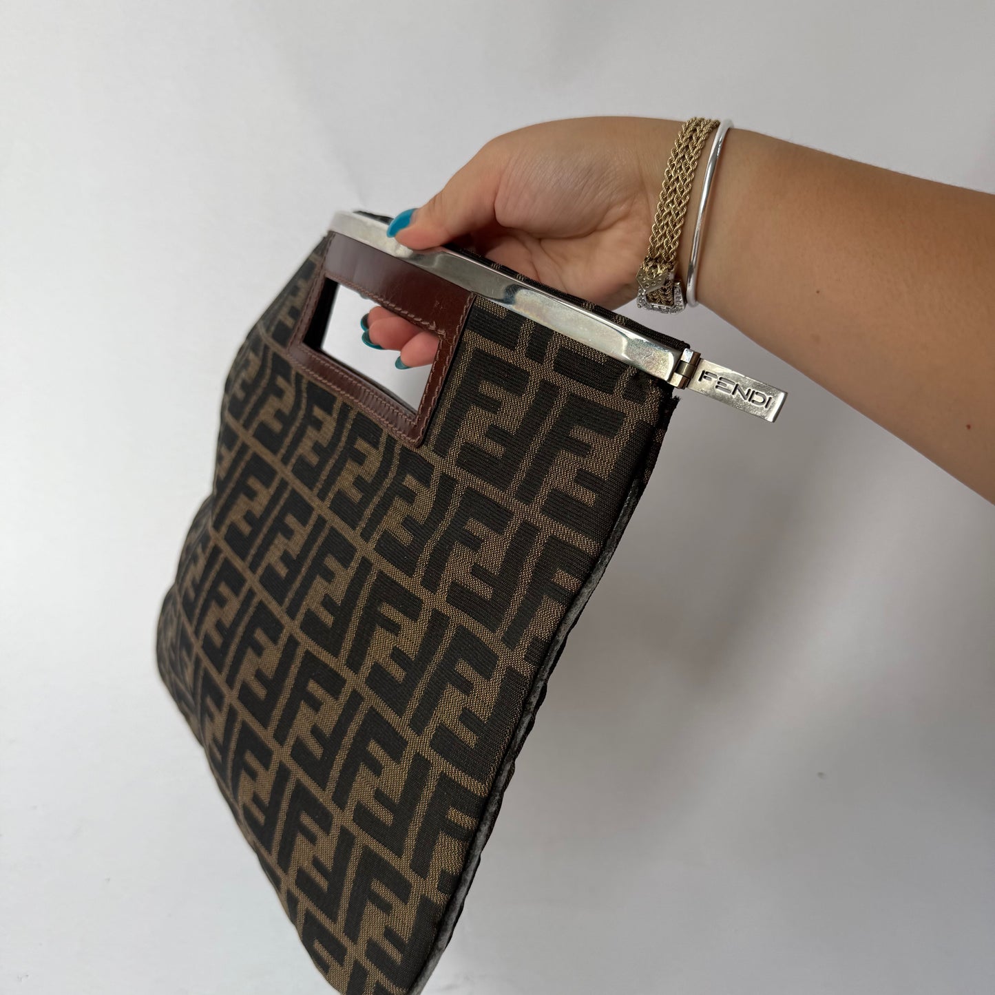 Fendi Zucca Monogram Silver Trim Top Handle Flat Bag