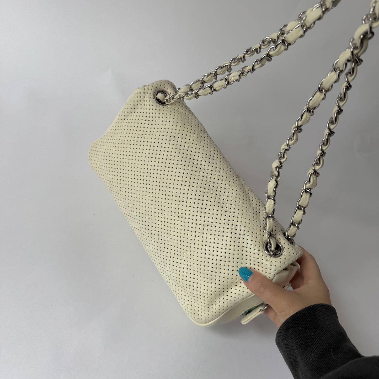 Chanel White Perforated Green Bottom Zipper Flap Bag