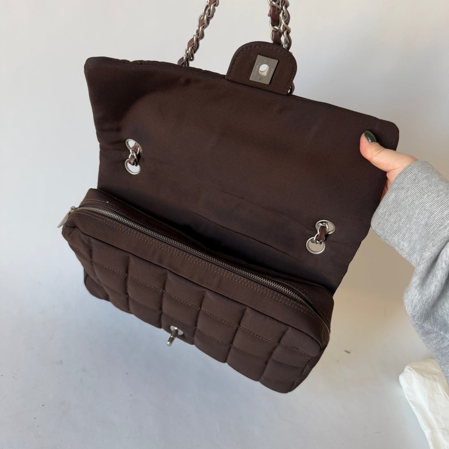 Chanel Brown Nylon Chocolate Bar Puffy Flap Bag