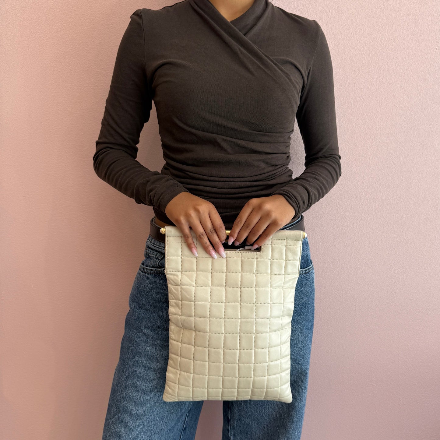 Chanel White Ivory Lambskin Leather Chocolate Bar Top Handle Tote