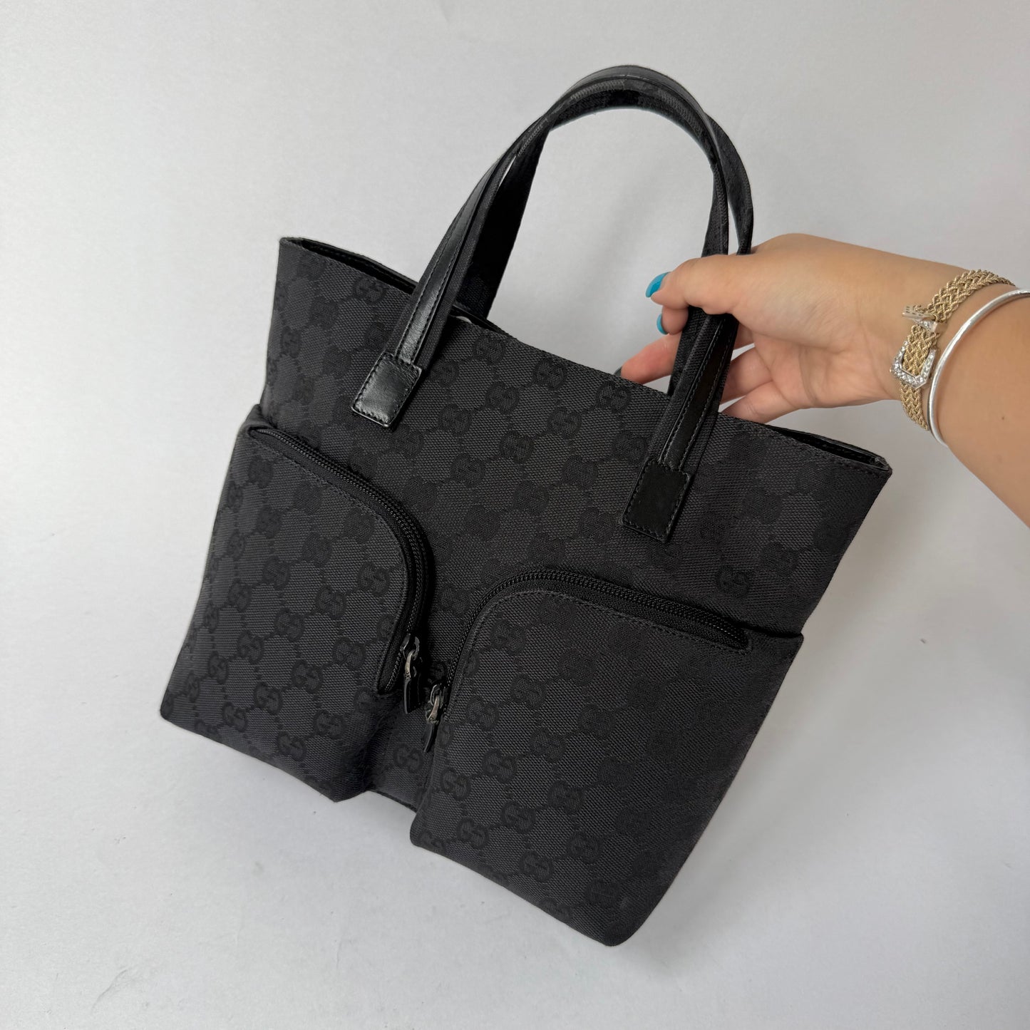 Gucci Black Monogram Double Front Pocket Tote Bag