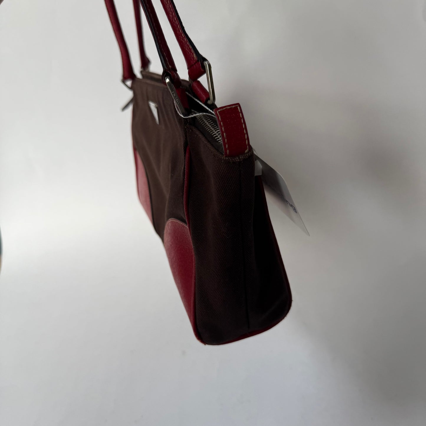 Prada Brown Canvas & Red Leather Shoulder Tote Bag