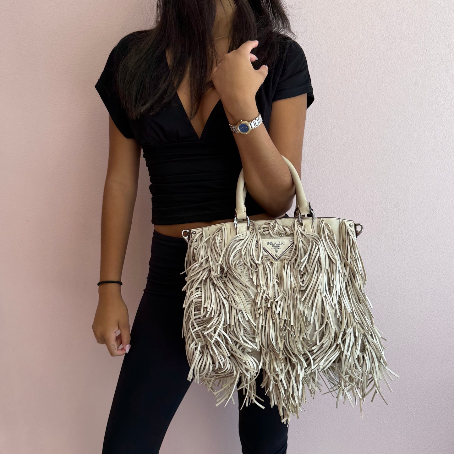 Prada Beige Fringe Shopper Tote Bag