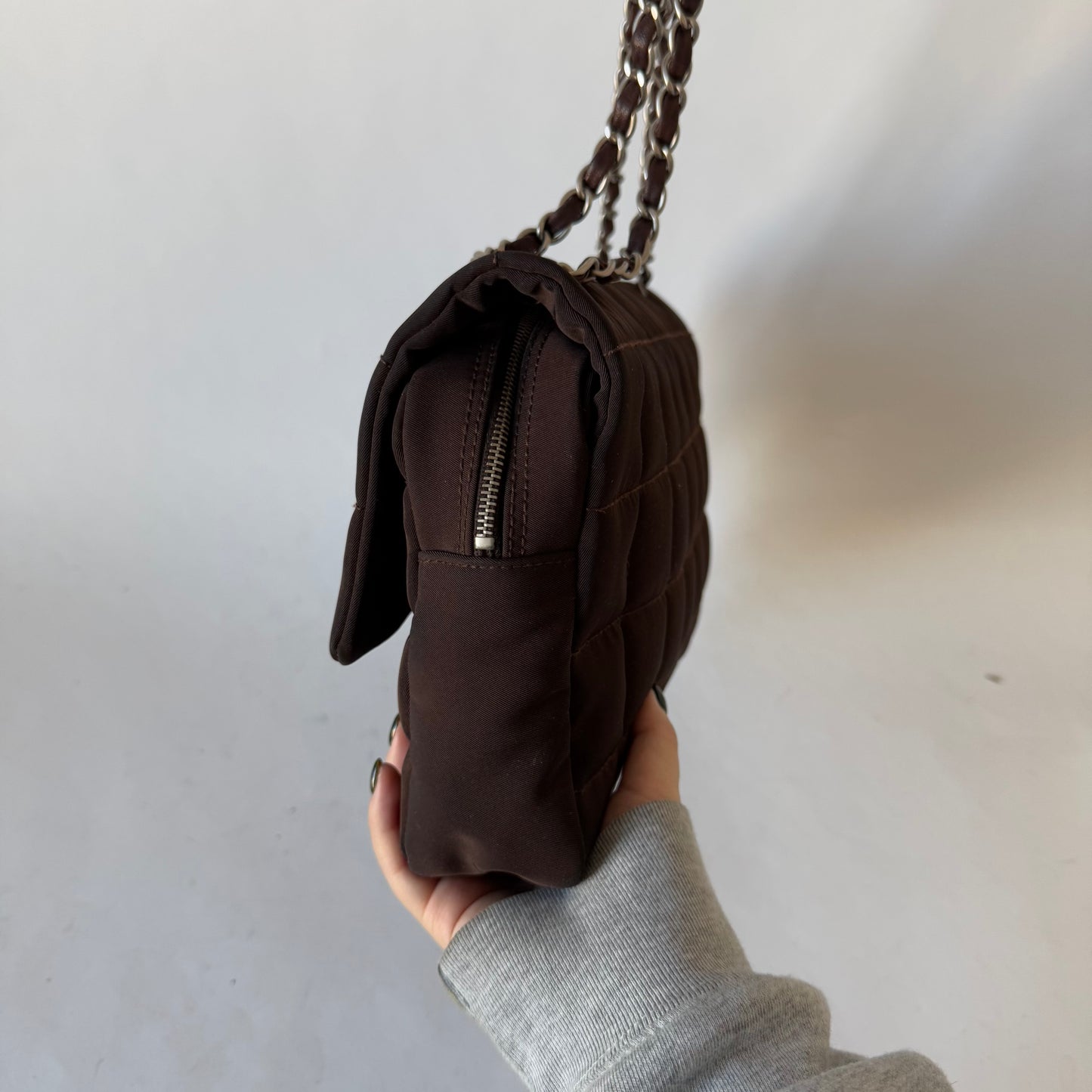 Chanel Brown Nylon Chocolate Bar Puffy Flap Bag