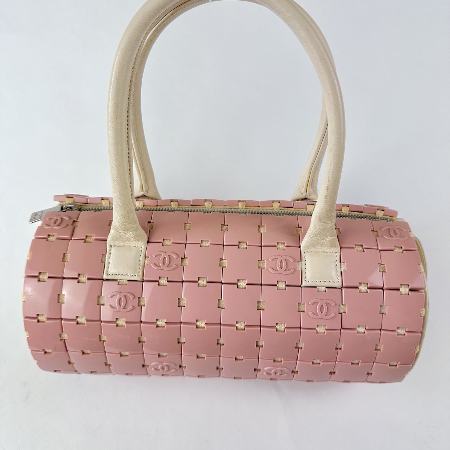 RARE Chanel Pink Puzzle Tiles Logo Barrel Cylinder Bag