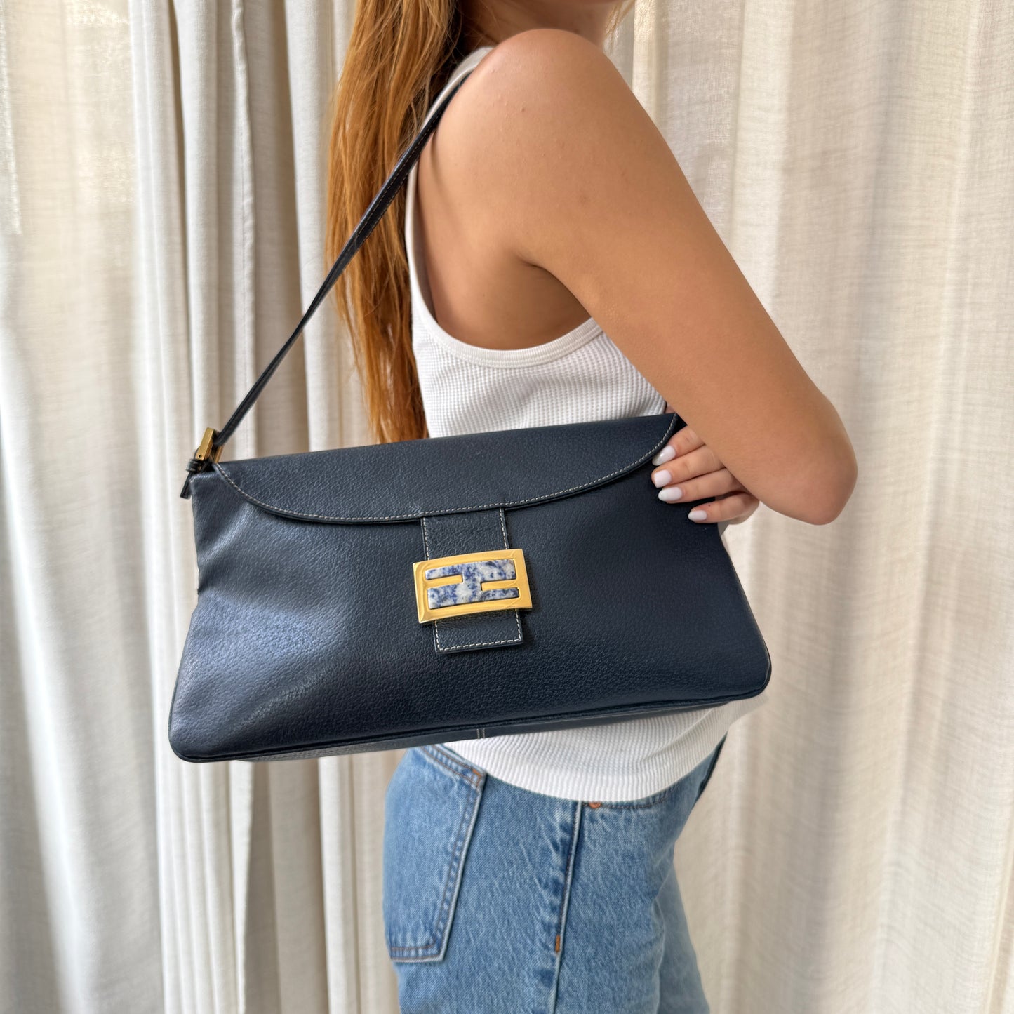 Fendi Navy Blue & Stone Hardware Flap Over Baguette Shoulder Bag
